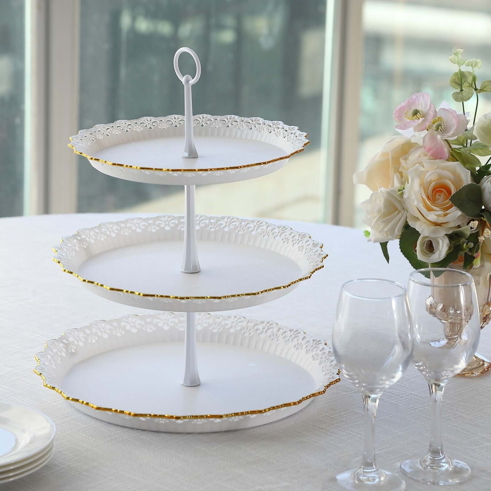 3-Tier Plastic Round Cupcake Stand 15" White with Lace Gold Rim Scalloped Edges