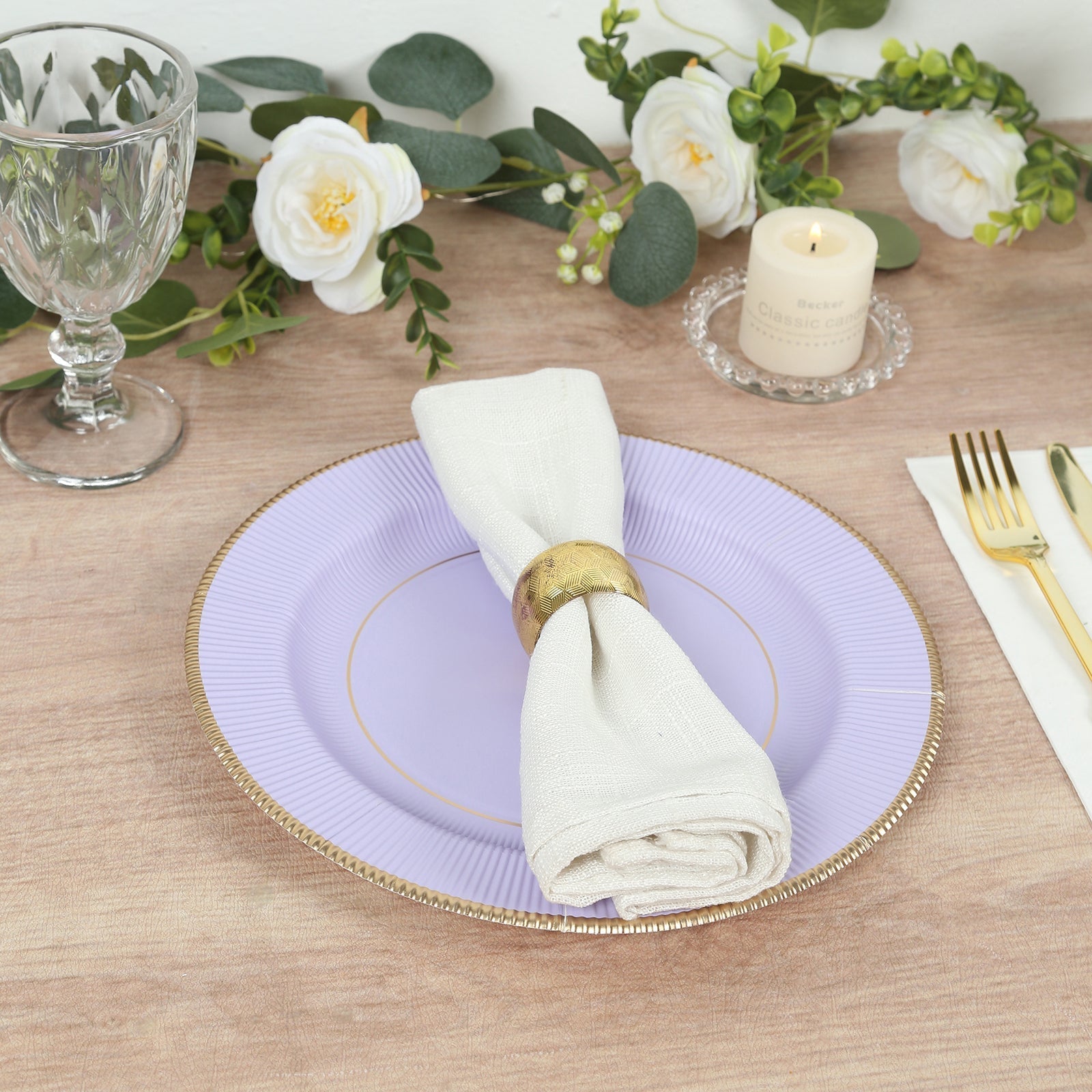 25-Pack Paper 10" Round Dinner Plates in Lavender Lilac Sunray Design with Gold Rim - Disposable Heavy Duty 350GSM Party Plates