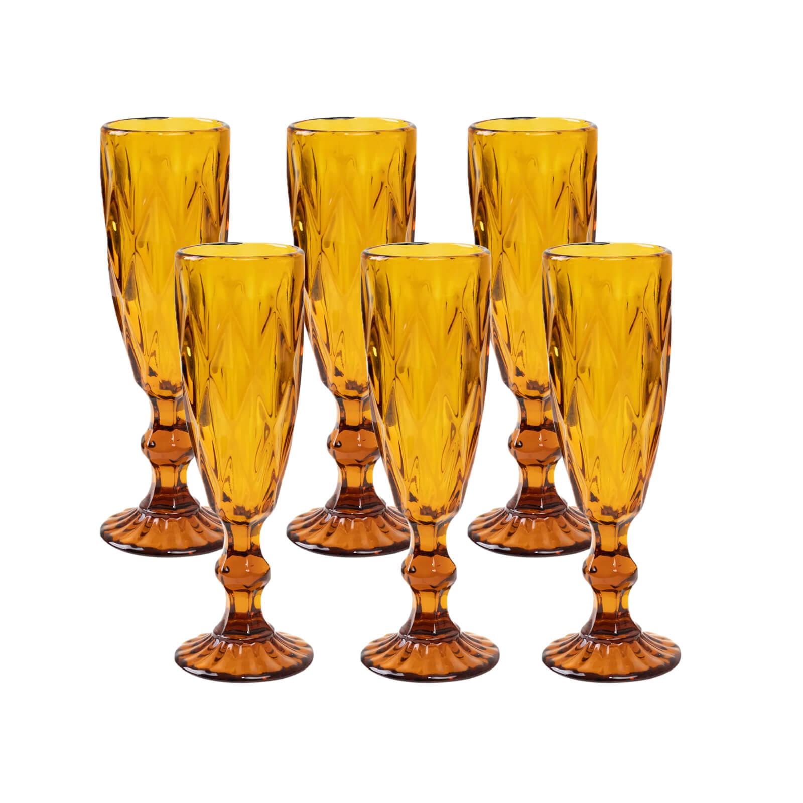 6-Pack Champagne Flute Glasses Transparent Amber Gold Textured Crystal Cut Design - Chic Wine Goblets for Parties & Events 6oz 8"