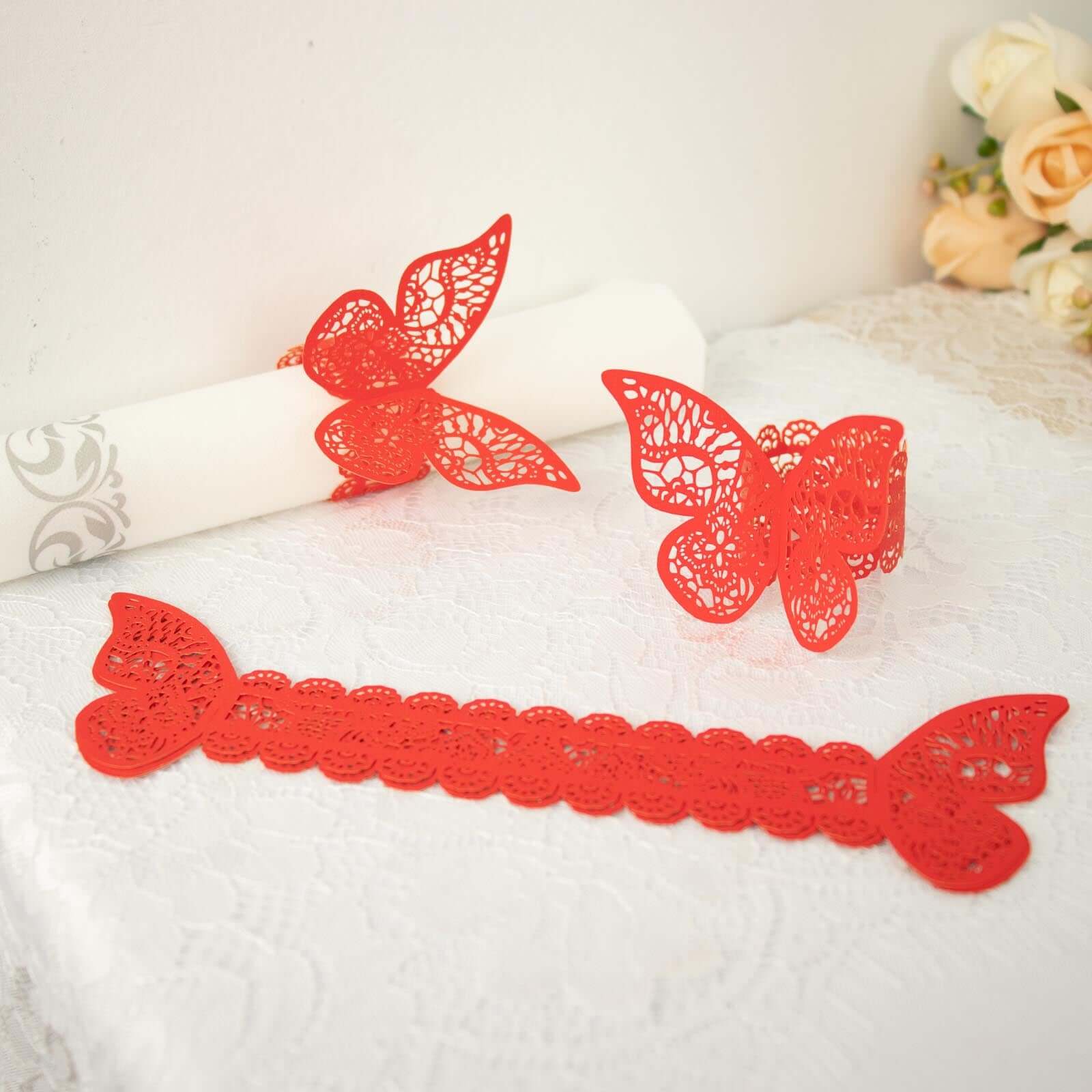 12-Pack Paper Napkin Rings Laser Cut Butterfly Red Shimmery - Decorative Serviette Holders
