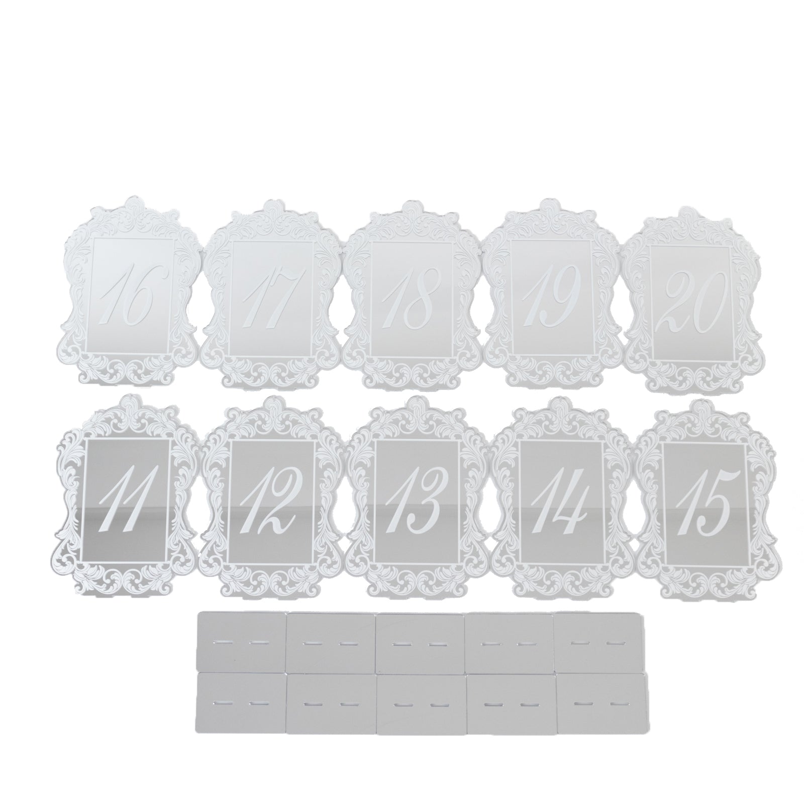 Silver Mirror Arch Acrylic Table Numbers (11-20) - 5"x7" Wedding Reception Signs with Baroque Lace Border, White Print & Stands