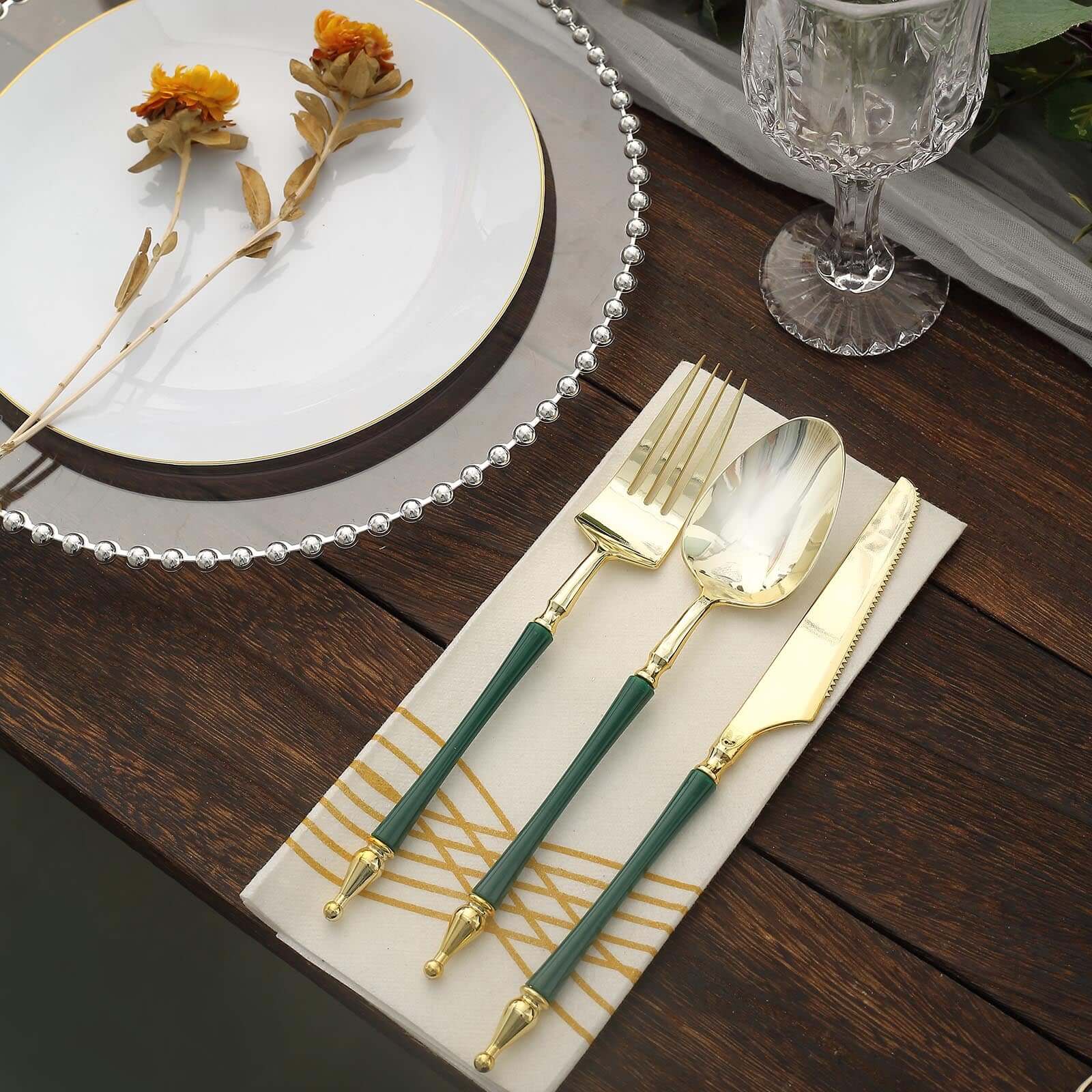 24-Pack Plastic Utensil Set with Roman Column Handle Gold/Hunter Emerald Green - Disposable Silverware