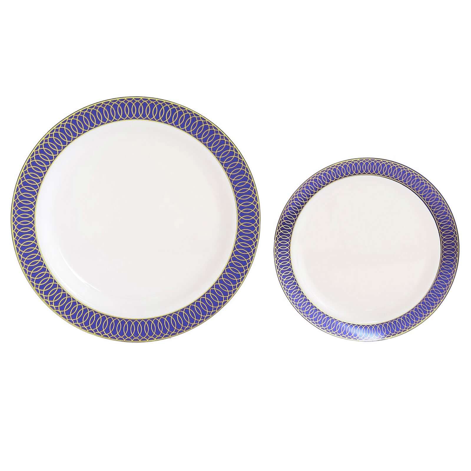 10-Pack Plastic Round Dinner Plates 10" White with Navy Blue Gold Spiral Rim - Chic Disposable Party Plates