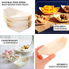 50-Pack Pine Wood Boat Shaped Food Trays Natural Compostable Design - 100% Biodegradable Sushi Snack Plates 6"