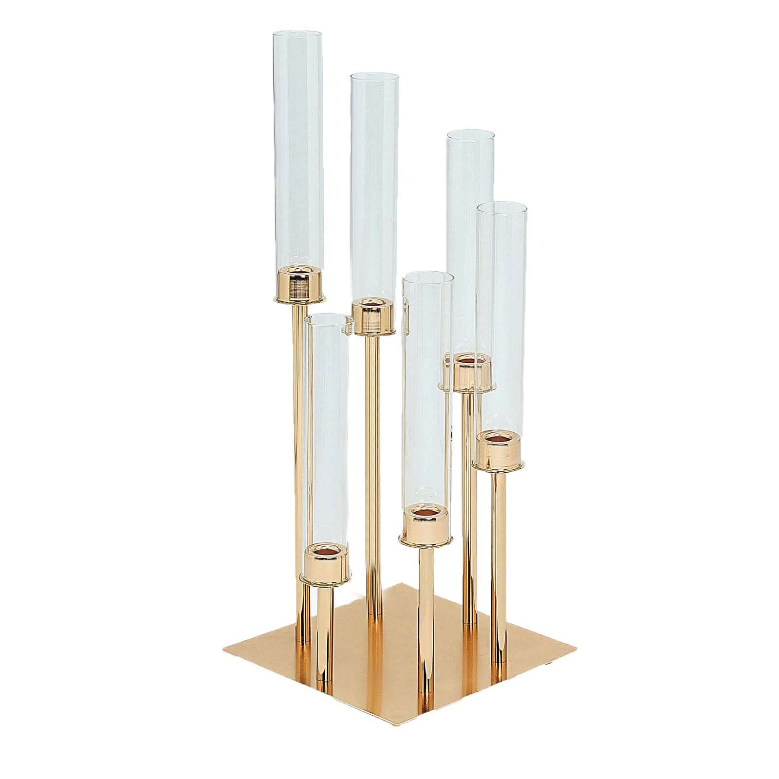 6-Arm Cluster Taper Candle Holder Gold with Clear Glass Shades - Sleek Candle Display for Gatherings 24"