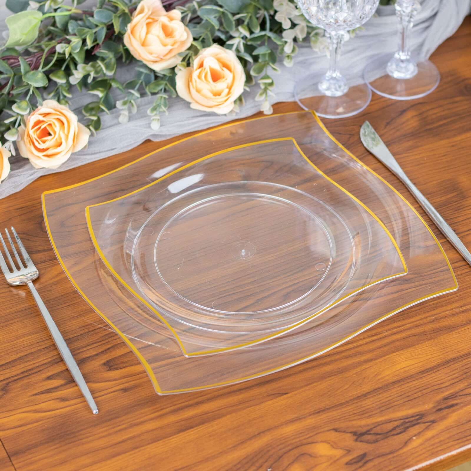 10-Pack Plastic 8" Square Dessert Plates in Clear with Gold Wavy Rim Modern - Disposable Salad Appetizer Party Plates