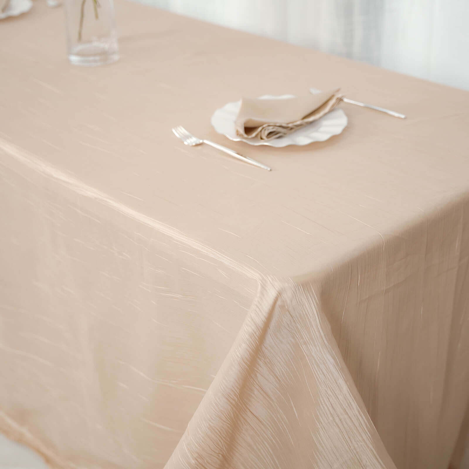 Taffeta 90"x156" Rectangle Tablecloth Beige - Accordion Crinkle Seamless Table Cover