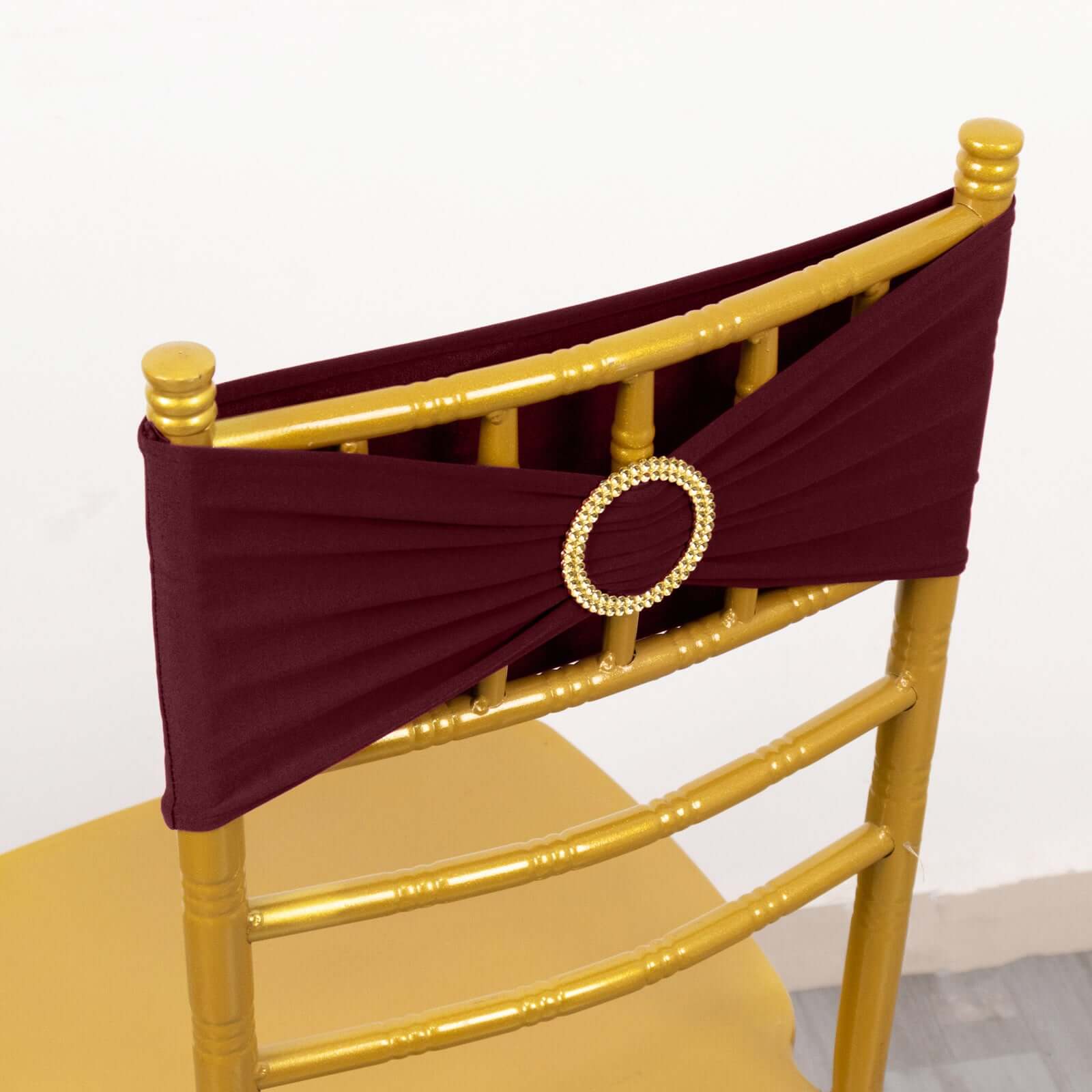 5 Pack Spandex Chair Sashes Burgundy with Gold Rhinestone Buckles - Reusable Four-Way Stretch Sash Bands 5"x14"