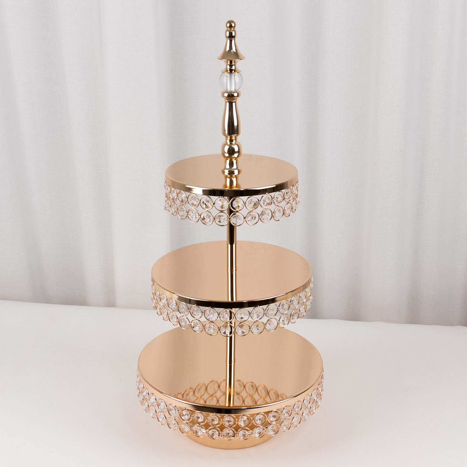 3-Tier Cake Stand Crystal Beaded Gold with Round Mirror Top - Metal Cupcake Tower Dessert Display 26"