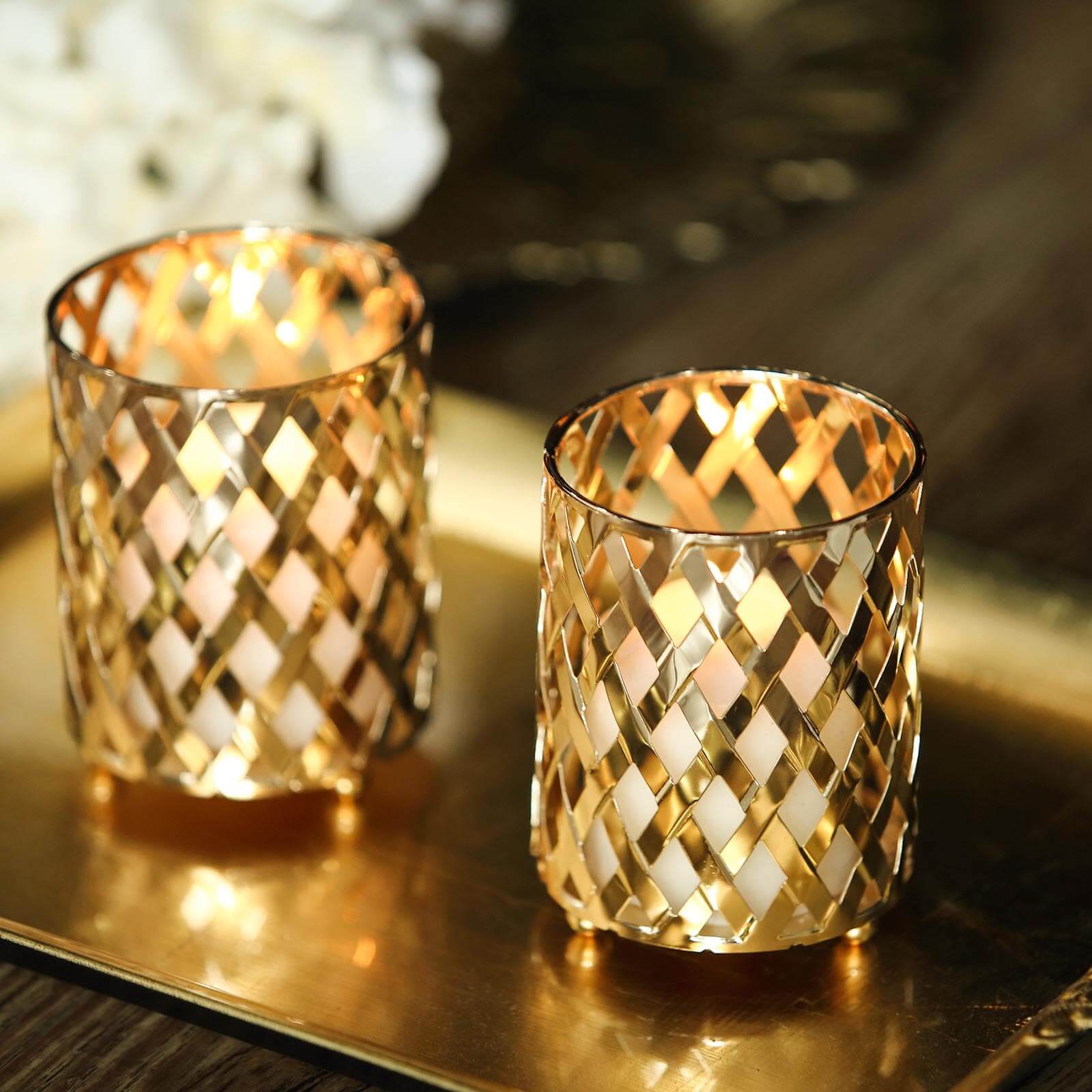 2-Pack Votive Candle Holders Gold Metal Diamond Cut Geometric Design - Perfect for Home Décor and Events 4"