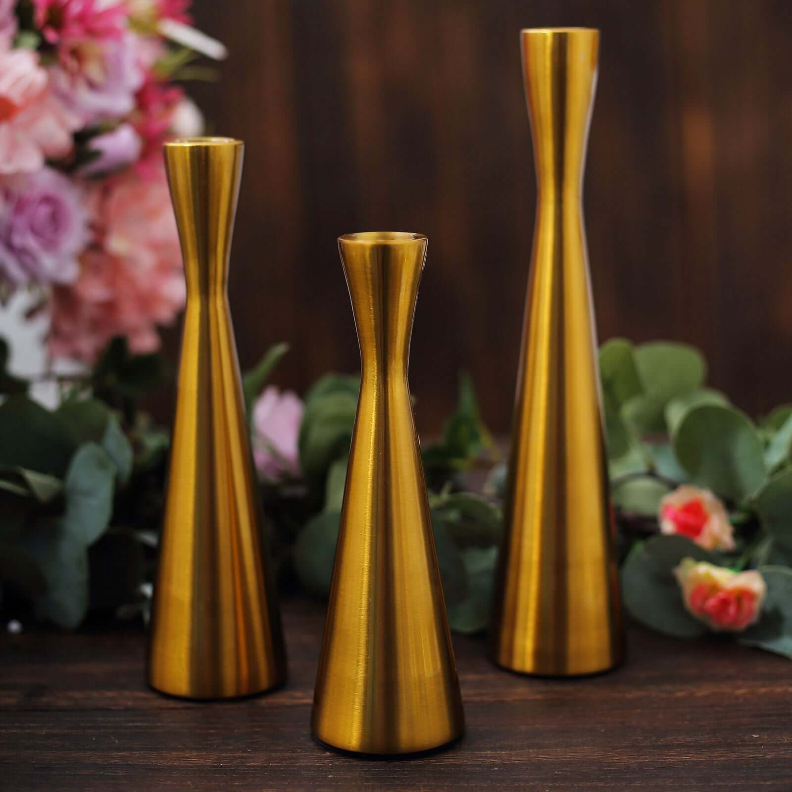 Set of 3 Hourglass Taper Candle Holders Gold Metal Nordic European Design - Tabletop Decor 8", 9", 11"