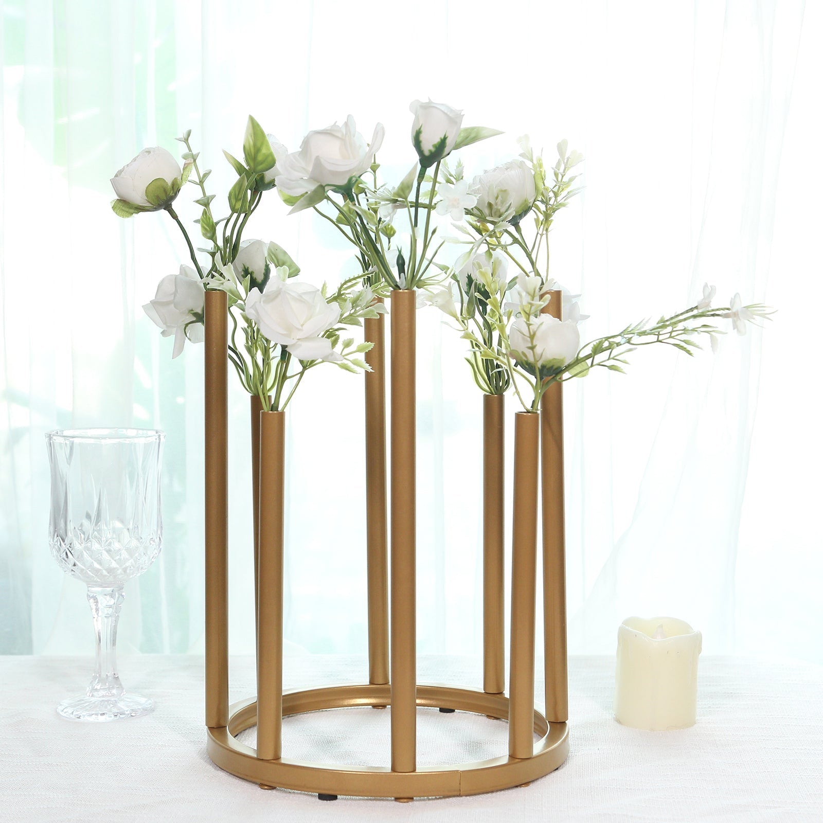Flower Vase Gold Metal Minimalist 8-Tubes Round Base Design - Single Stem Bud Centerpiece for Arrangements 10"