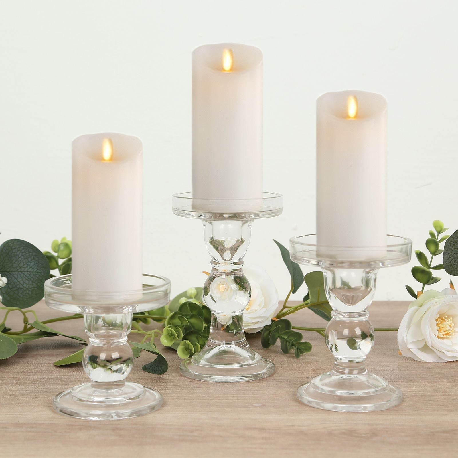Set of 3 Glass Pillar Candle Holders Clear with Round Tray - Crystal Ball Stem Taper Candlestick Tea Light Stands 3.5", 4.5", 5.5"