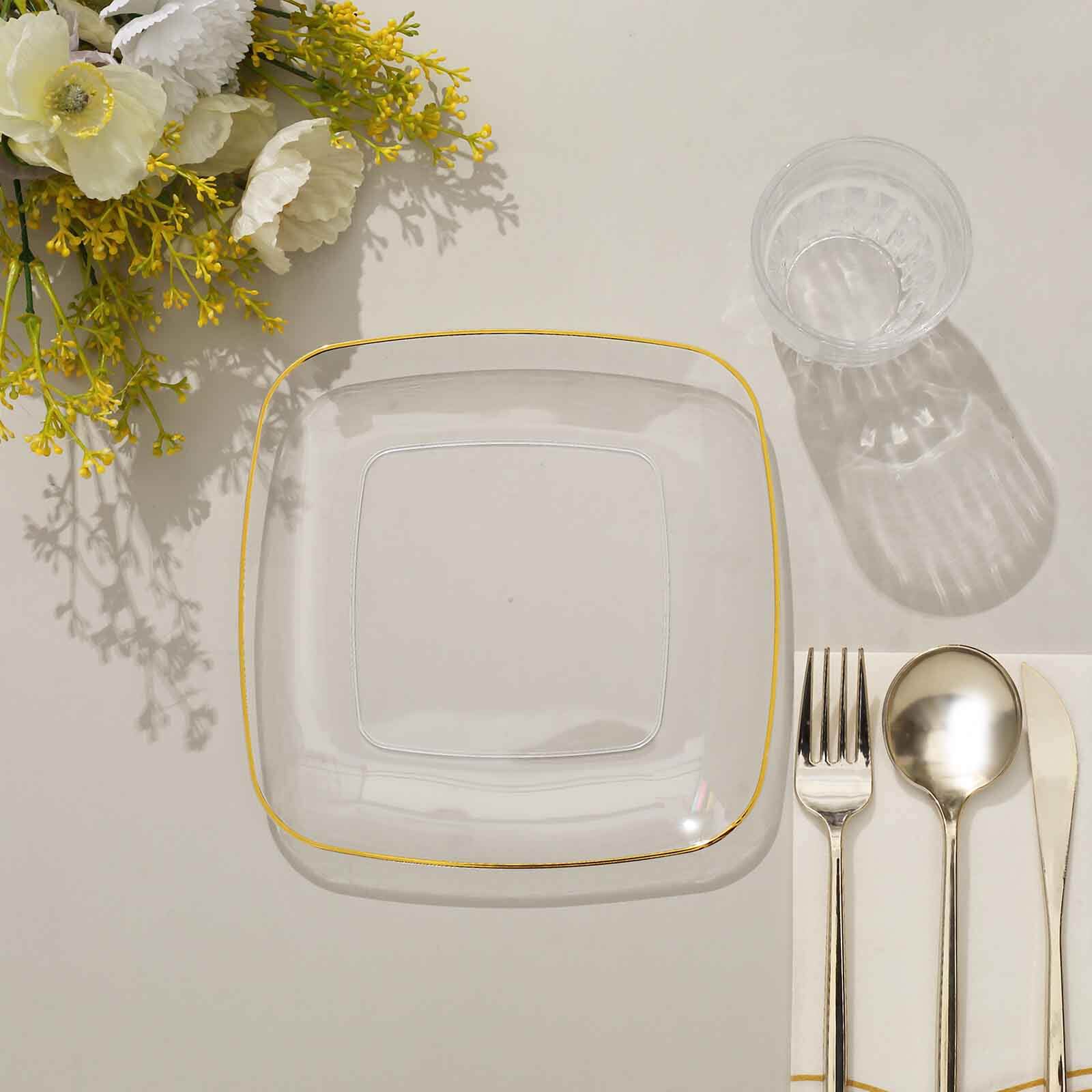 10-Pack Plastic 7" Square Dessert Plates in Clear with Gold Rim - Classy Disposable Appetizer Salad Plates