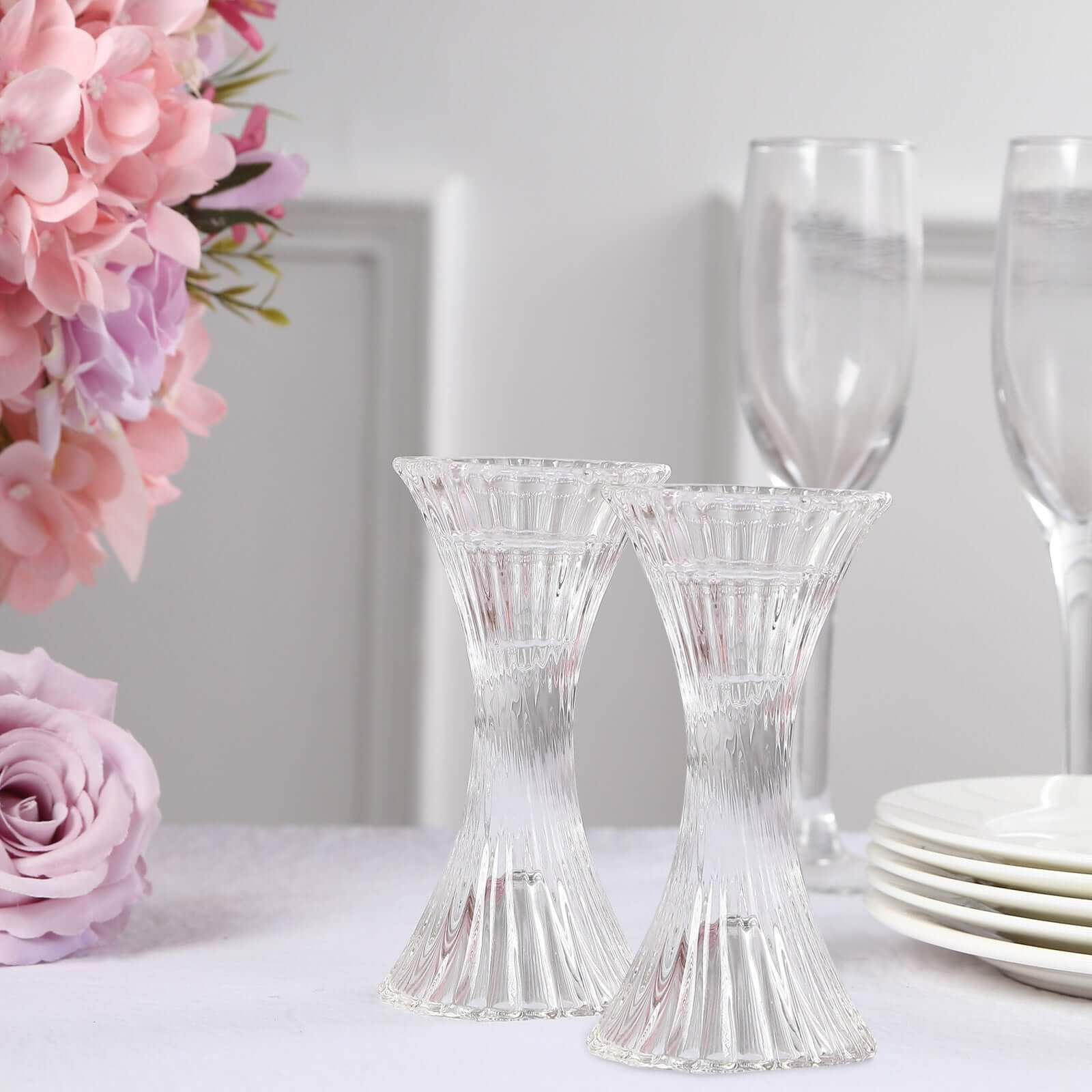 2-Pack Crystal Pillar Candlestick Stands Hour Glass Design with Diagonal Stripes Clear - Reversible Taper Holders 5"