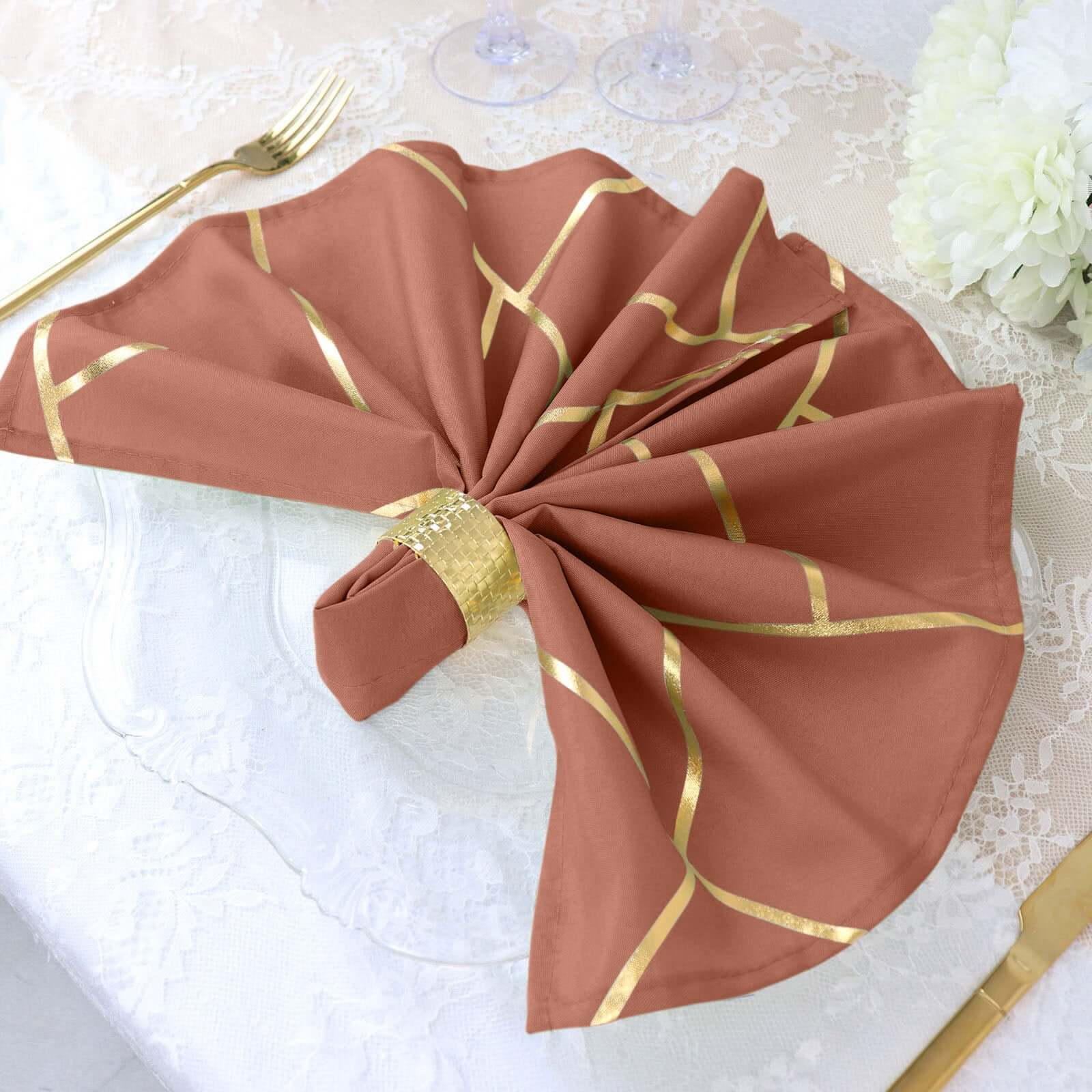 5 Pack Polyester 20"x20" Napkins Terracotta (Rust) with Gold Geometric Foil Pattern - Modern Reusable Dinner Napkins