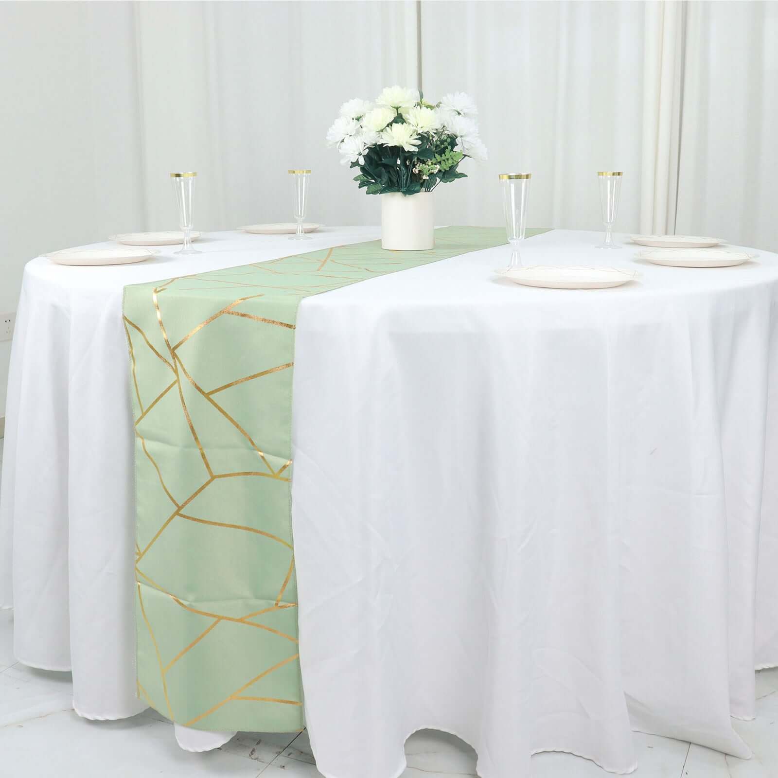 Polyester 9ft Table Runner Sage Green with Gold Foil Modern Geometric Accent