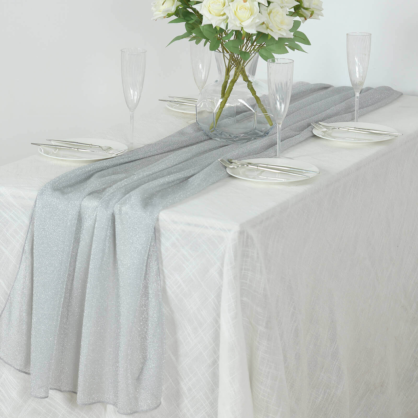 Glitter Gauze 27"x120" Table Runner Silver - Sparkling Reusable Sheer Table Linen