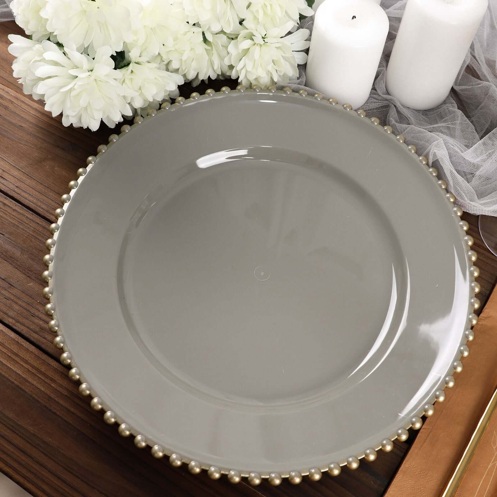 6-Pack Acrylic Round Charger Plates 13" in Charcoal Gray with Gold Beaded Rim, Decorative Dinner Party Charger Tableware