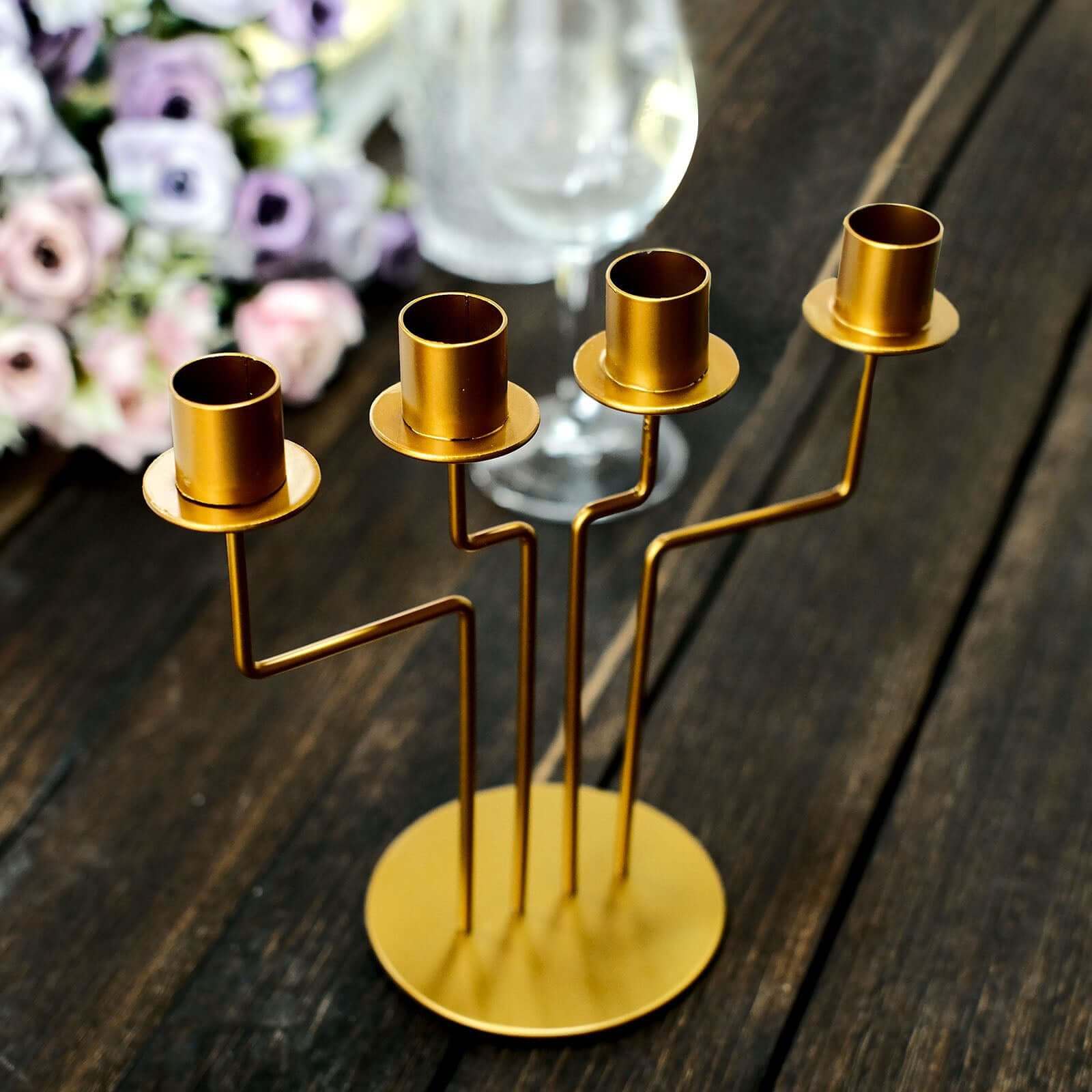 2-Pack Geometric Taper Candelabra 4 Arm Design Gold Metal Decorative Centerpiece - Perfect for Events 8"