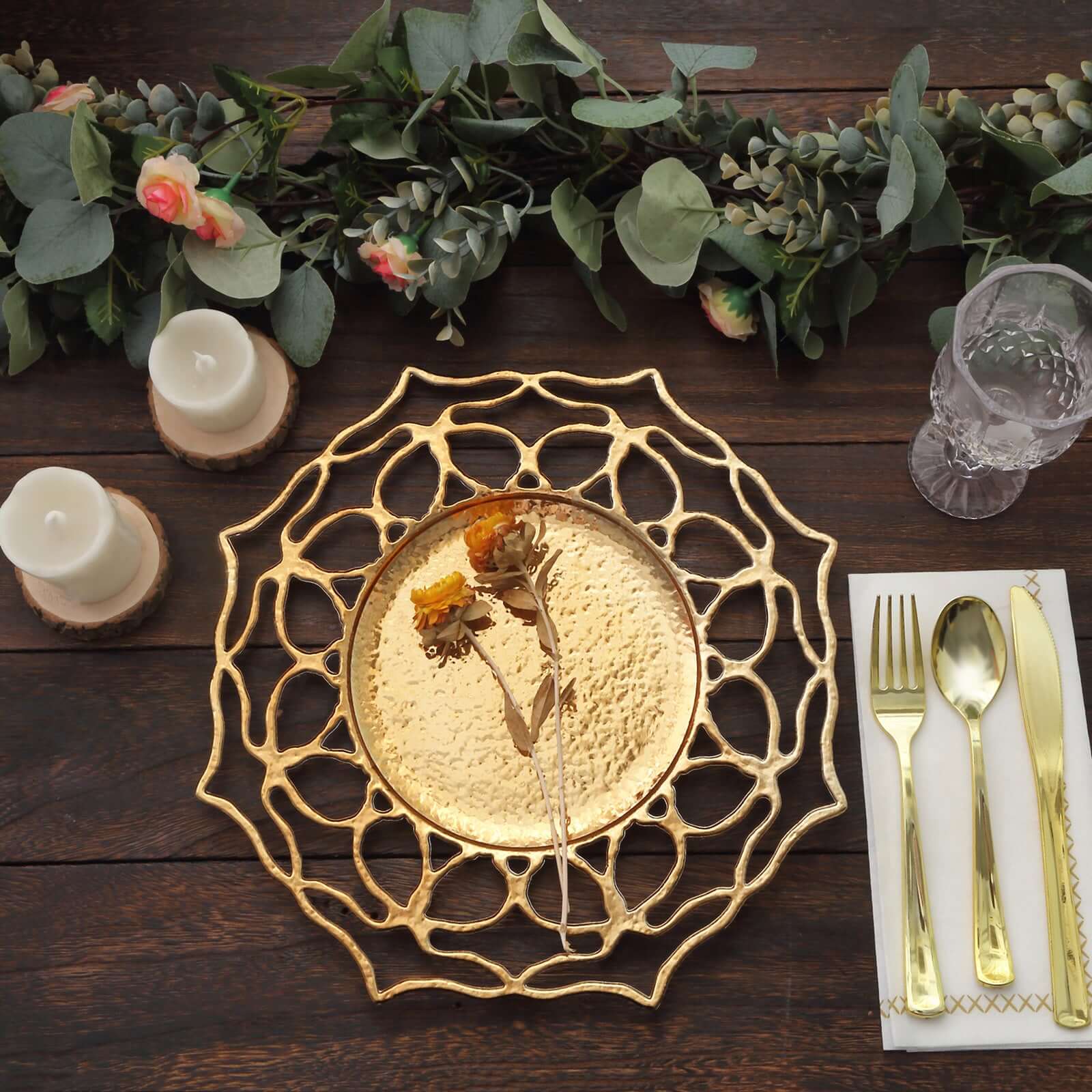 6-Pack Acrylic Round Charger Plates 13" in Gold with Floral Cutout Design, Hollow Flower Plastic Decorative Dinner Party Charger Tableware