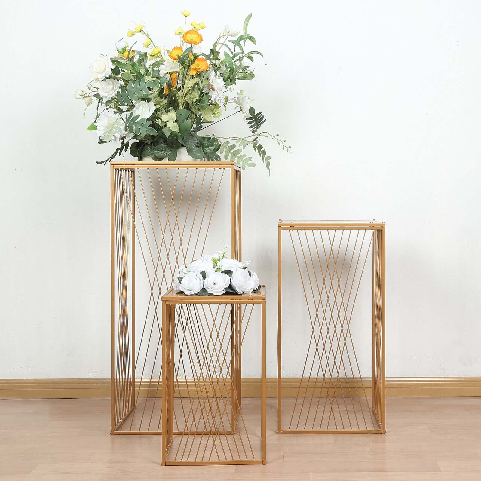 Set of 3 Gold Metal Rectangular Plant Stands with Geometric Crossed Lines Pattern, Nesting Cake Dessert Tables Floral Display Stands - 19",27",35"