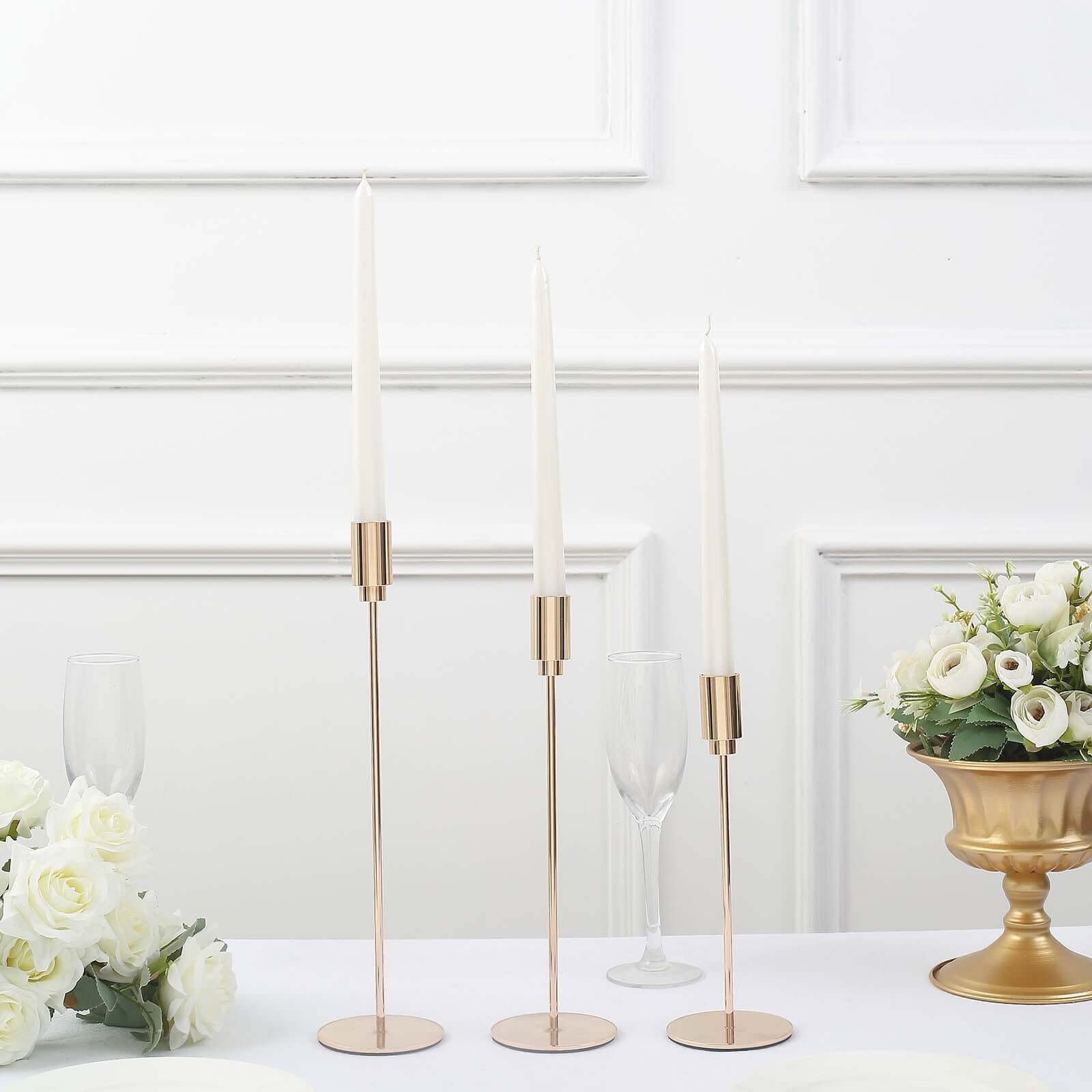 Set of 3 Taper Candle Stands Gold Metal Decorative Round Base Design - Wedding Table Accents 9", 10", 13"