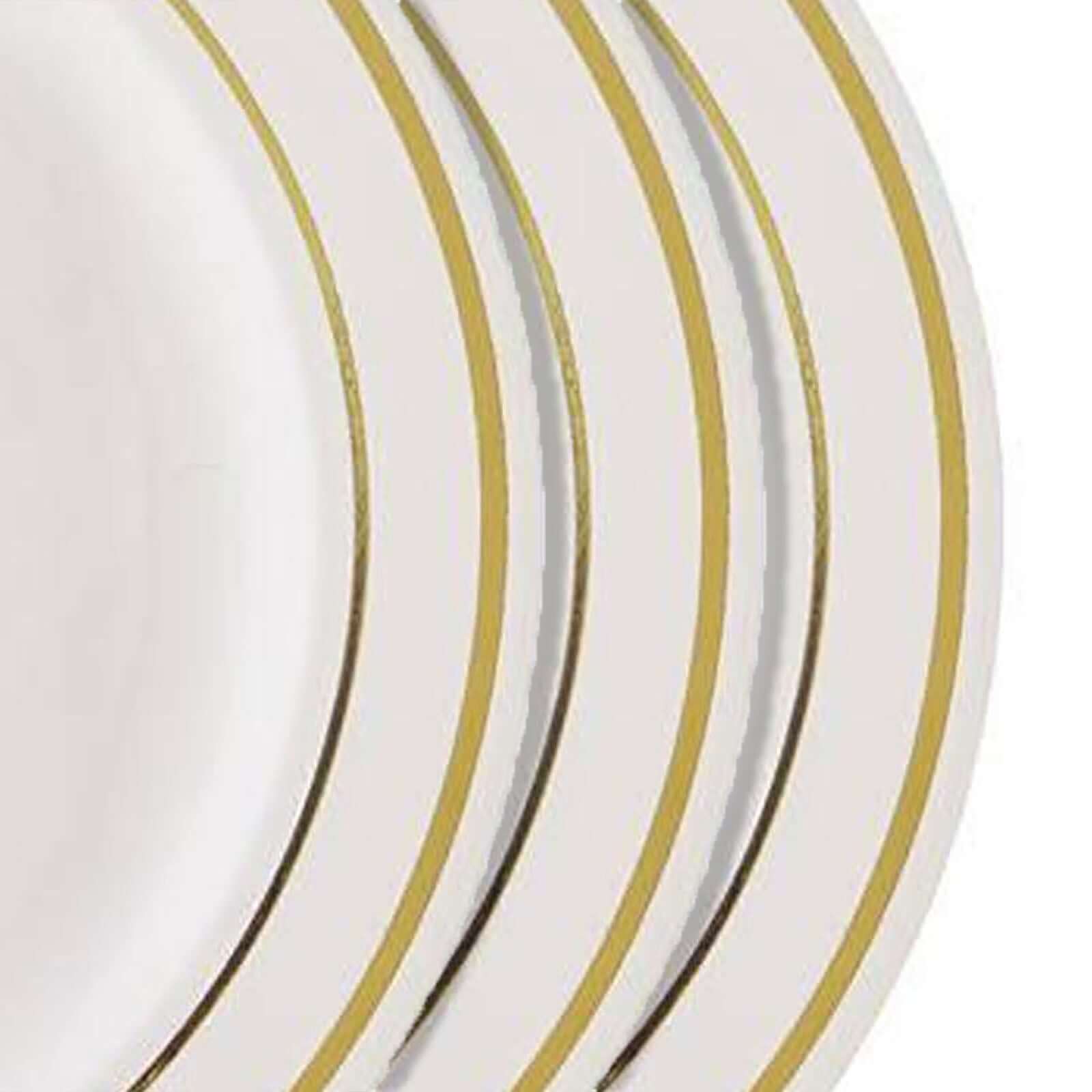 10-Pack Plastic Dessert Plates Ivory with Très Chic Gold Rim - Disposable Plates for Parties 8"