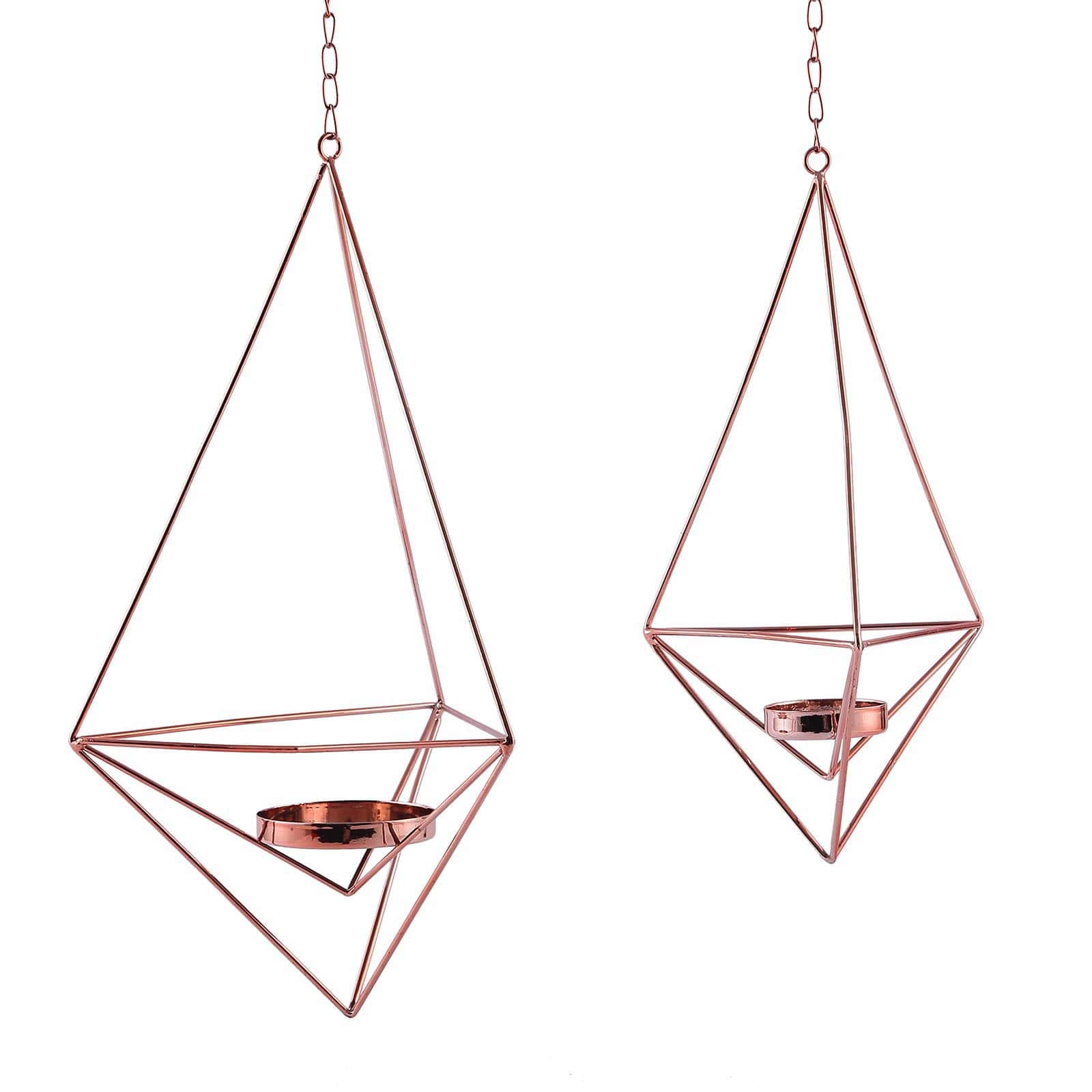 Set of 2 Hanging Tealight Candle Holders Rose Gold Metal Diamond Geometric Open Frame - Flower Terrariums 12", 15"