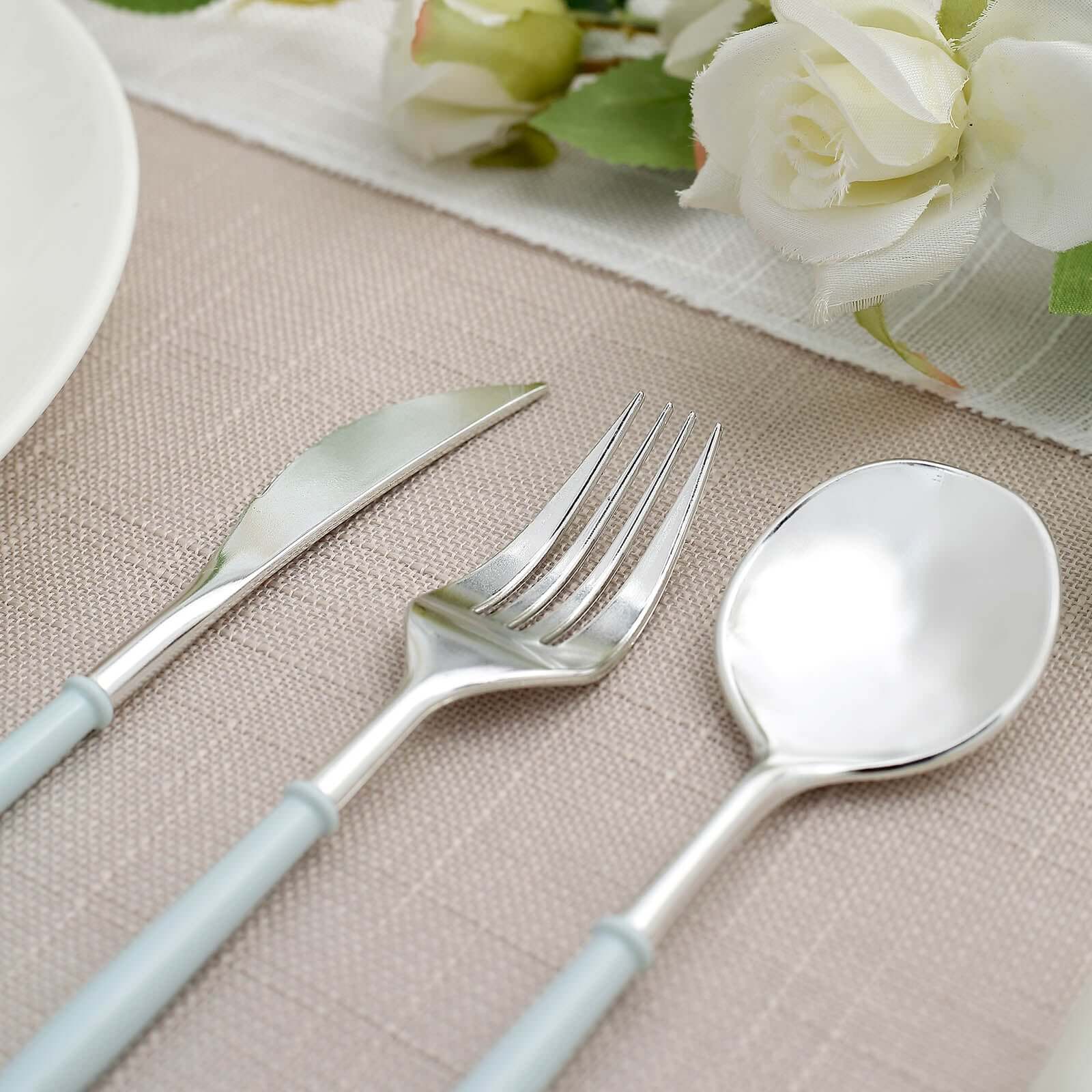 24-Pack Plastic Flatware Set in Silver with Light Blue Handle - Heavy Duty Disposable Modern Silverware 8"