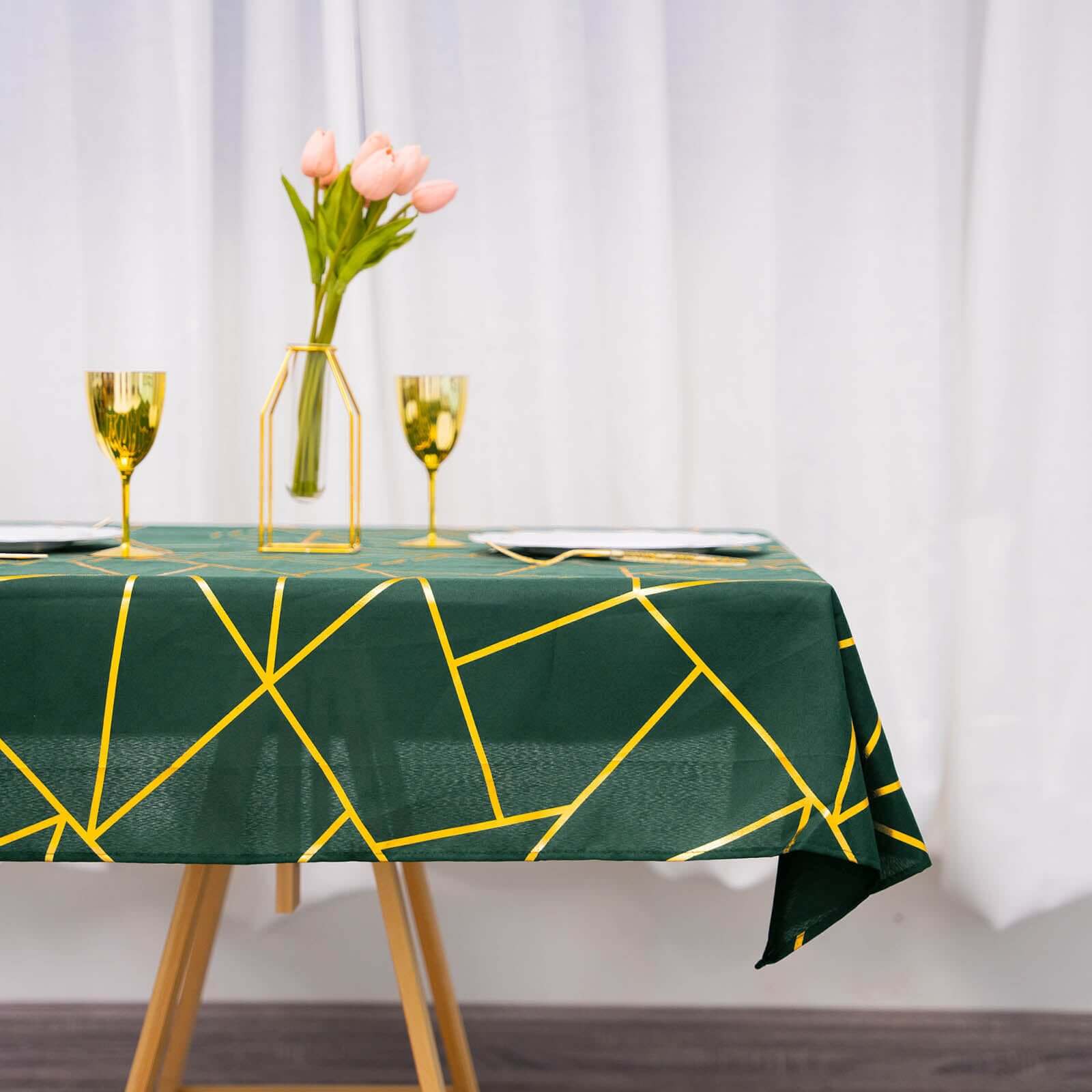 Polyester 54"x54" Table Overlay Square Tablecloth Hunter Emerald Green with Gold Foil Geometric Pattern - Wrinkle-Resistant & Durable Table Topper