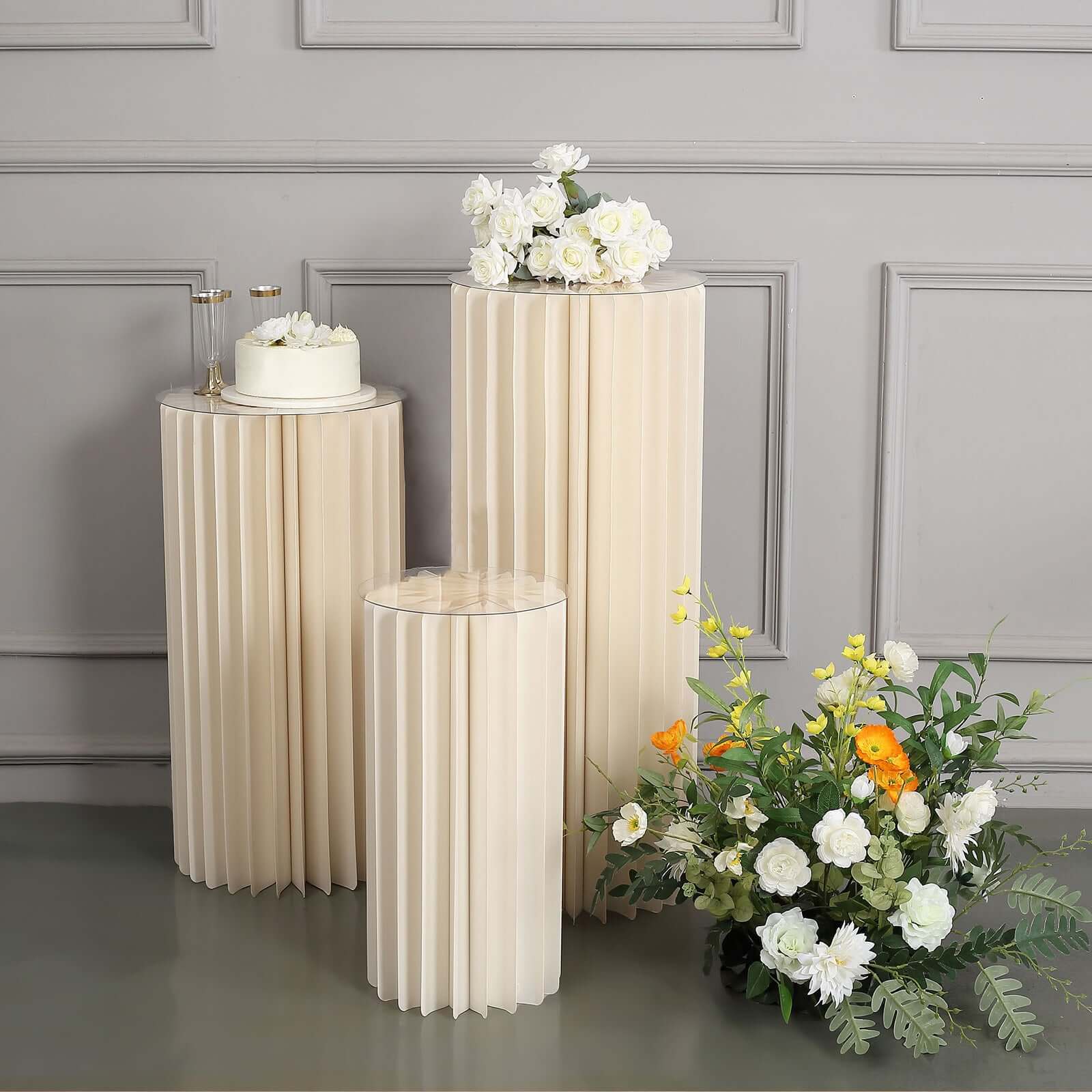 24" Ivory Cylinder Display Column Stand, Pillar Pedestal Stand With Top Plate