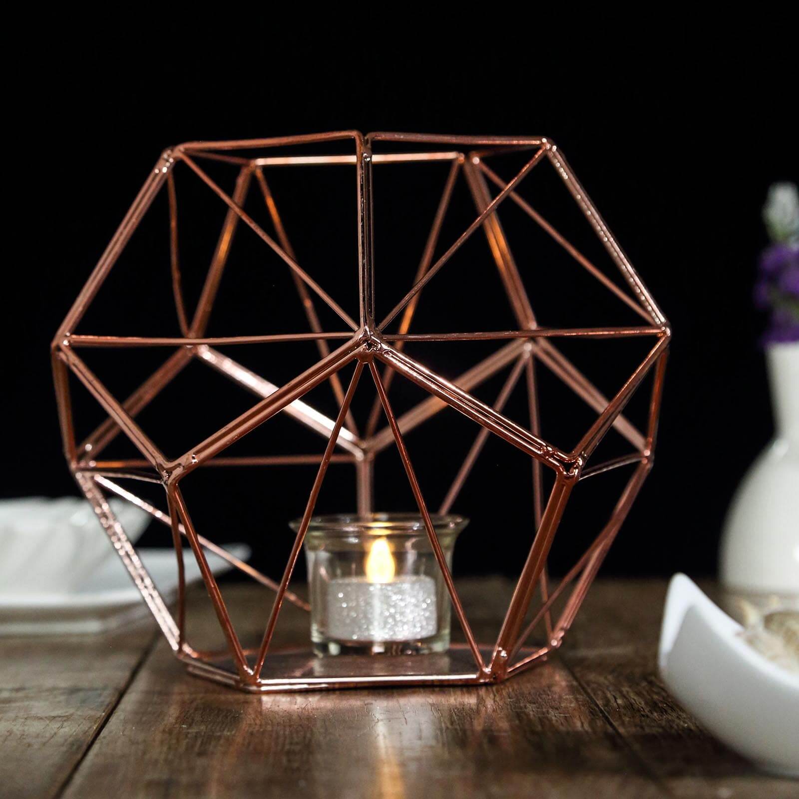 Tealight Candle Holder Rose Gold Metal Pentagon Prism Geometric Open Frame - Flower Stand 7"