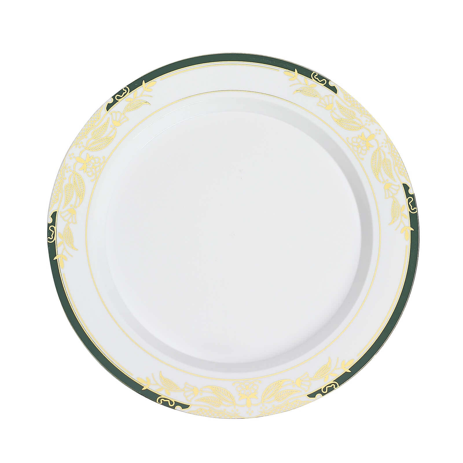 10-Pack Plastic 10" Round Dinner Plates in White with Hunter Emerald Green Rim for Events
