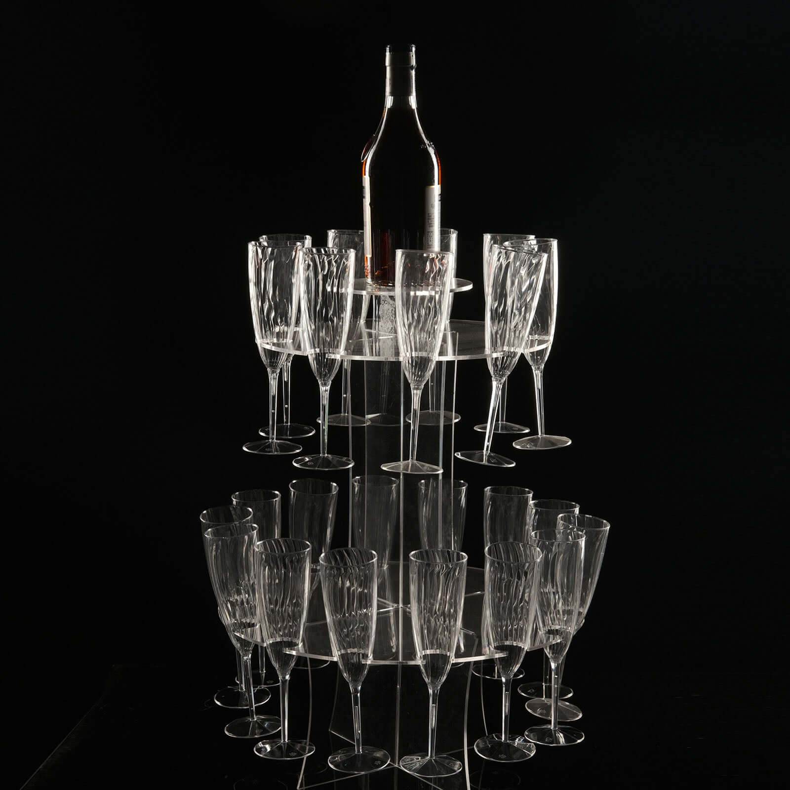 3-Tier Round Champagne Glass Holder Tower Clear Acrylic + 1 Bottle for Professional & Home Use 21"