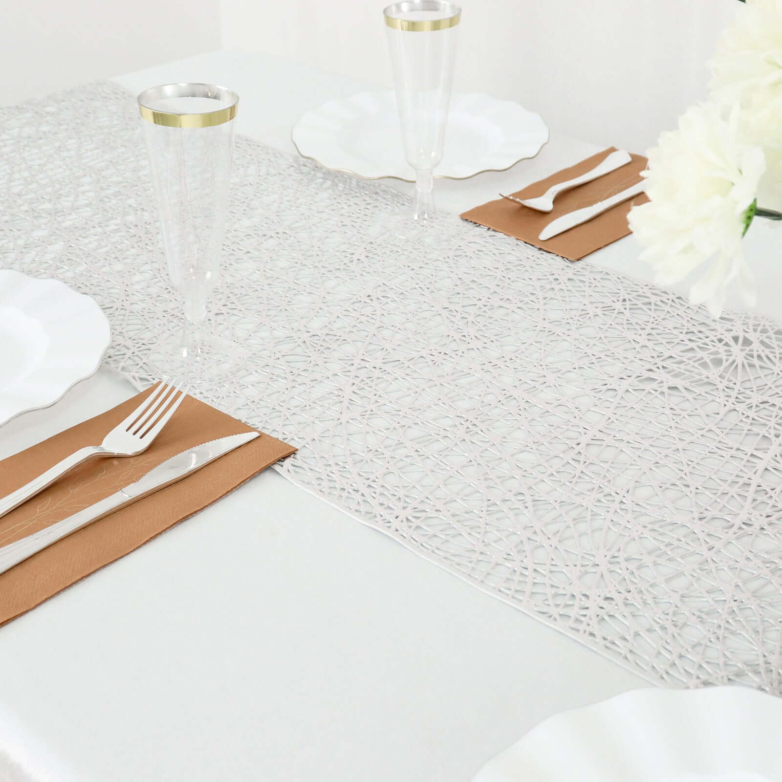Plastic Woven Vinyl 13"x6ft Table Runner Metallic Silver - Non-Slip & Reversible Tabletop Decor