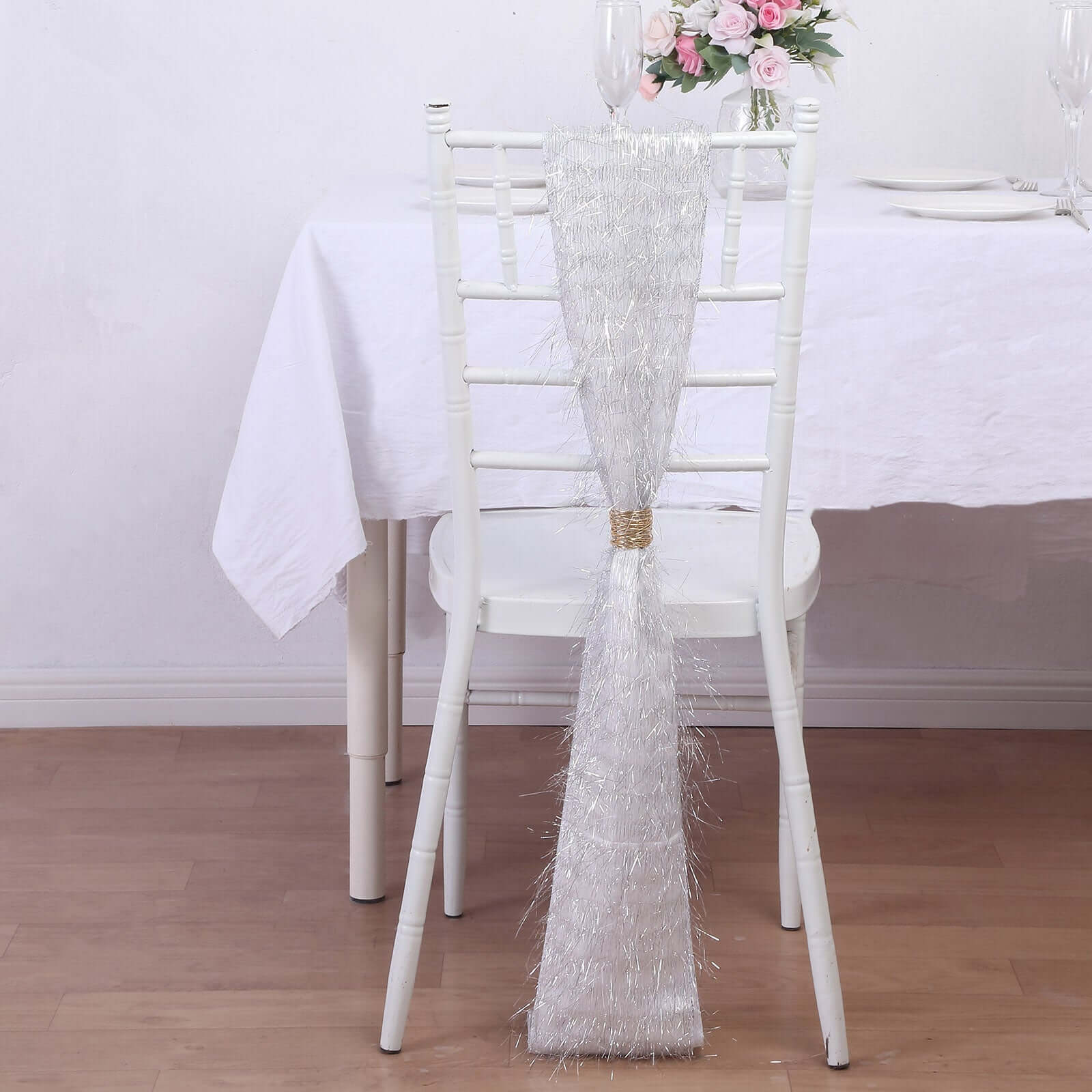 5 Pack Polyester Chair Sashes Silver Metallic Tinsel Fringe - Easy to Use Chair Bows 6"x108"