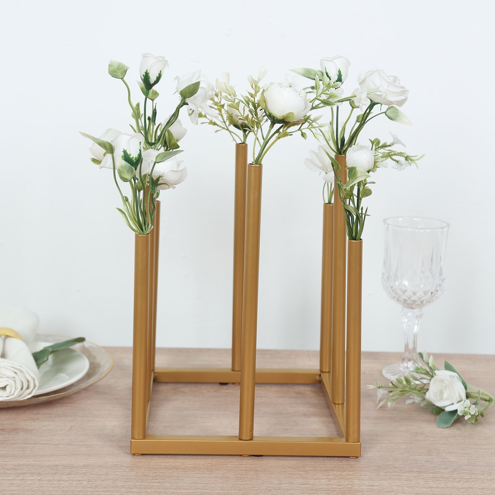 Flower Vase Gold Metal Minimalist 8-Tubes Square Base Design - Single Stem Bud Centerpiece for Arrangements 10"