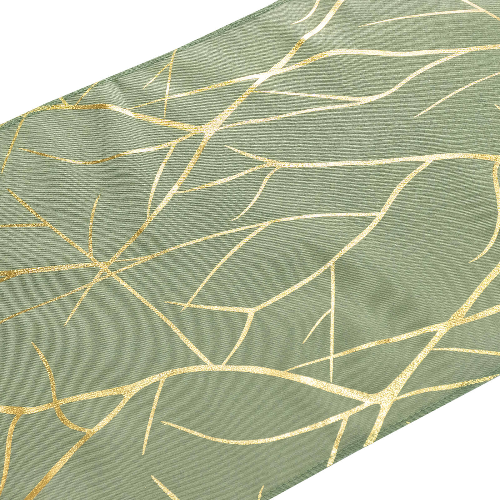 Polyester 9ft Table Runner Dusty Sage Green with Gold Foil Tree Branch Pattern - Stylish Table Linen