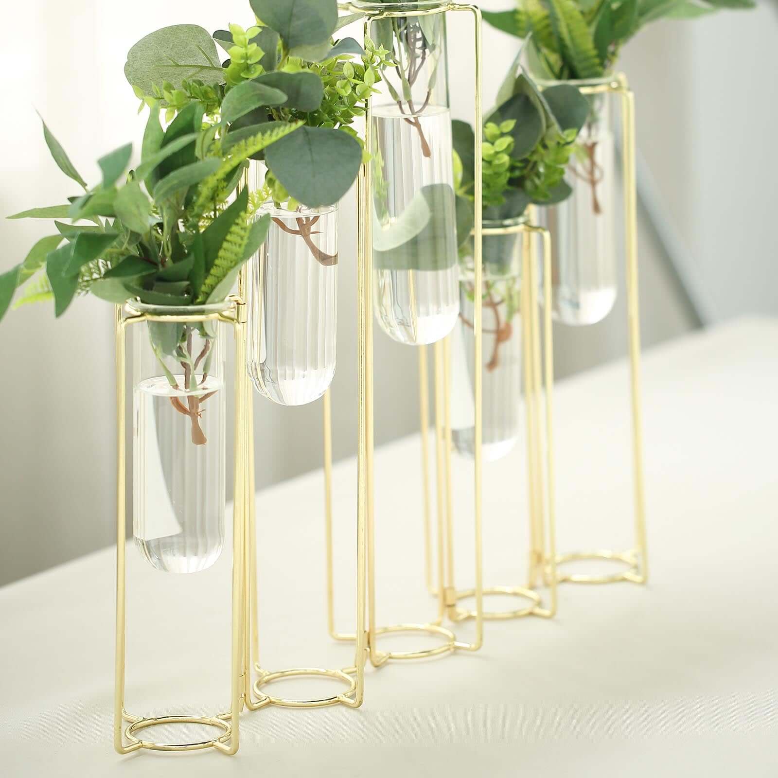 Set of 5 Wedding Centerpieces Gold Frame Conjoined Geometric Design - Test Tube Hydroponic Vases 12"