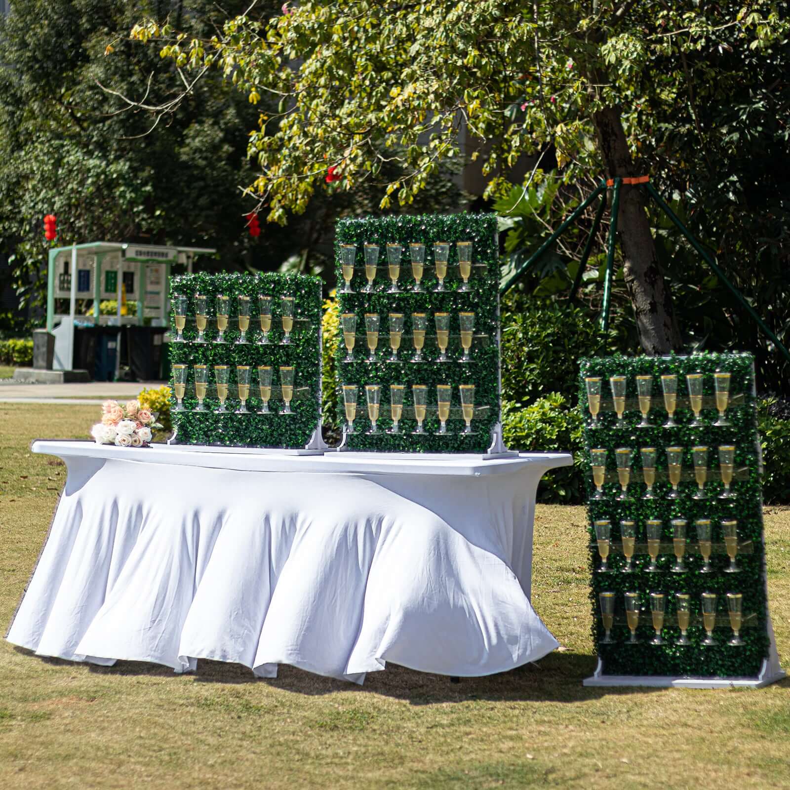 Set of 3 Champagne Wall Glass Holder Green - Tiered Faux Boxwood Stemware Rack Cocktail Display Drink Organizer for Classy Events & Banquets 24", 33", 42"