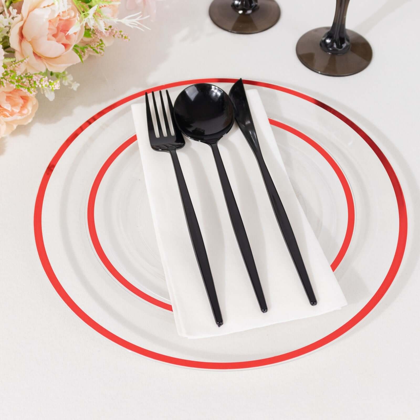10-Pack Plastic 7" Round Appetizer Plates in Clear with Red Rim - Sleek Disposable Salad Plates for Banquets & Special Occasions
