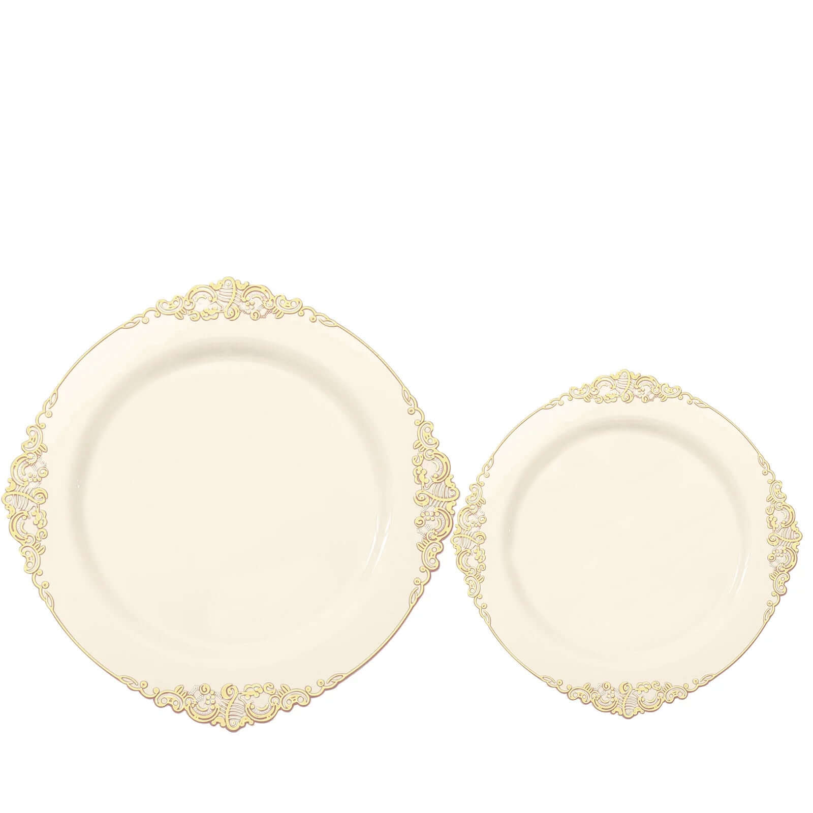 10-Pack Plastic 10" Round Dinner Plates in Ivory with Gold Leaf Embossed Rim - Disposable Vintage Baroque Style Plates