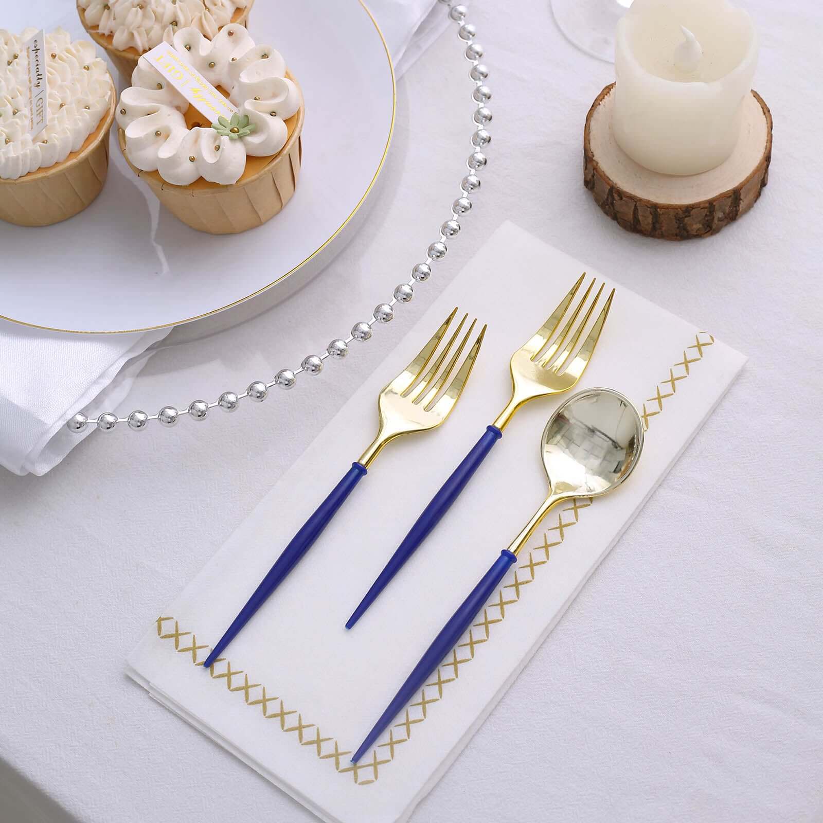 24-Pack Plastic Fork and Spoon Set Gold/Royal Blue 6"