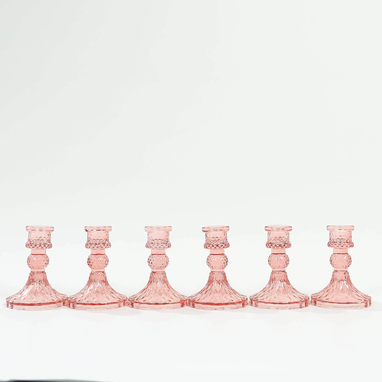 6-Pack Glass Taper Candlestick Holders Diamond Pattern Design Dusty Rose - Reversible Crystal Pillar Votive Stands 4"