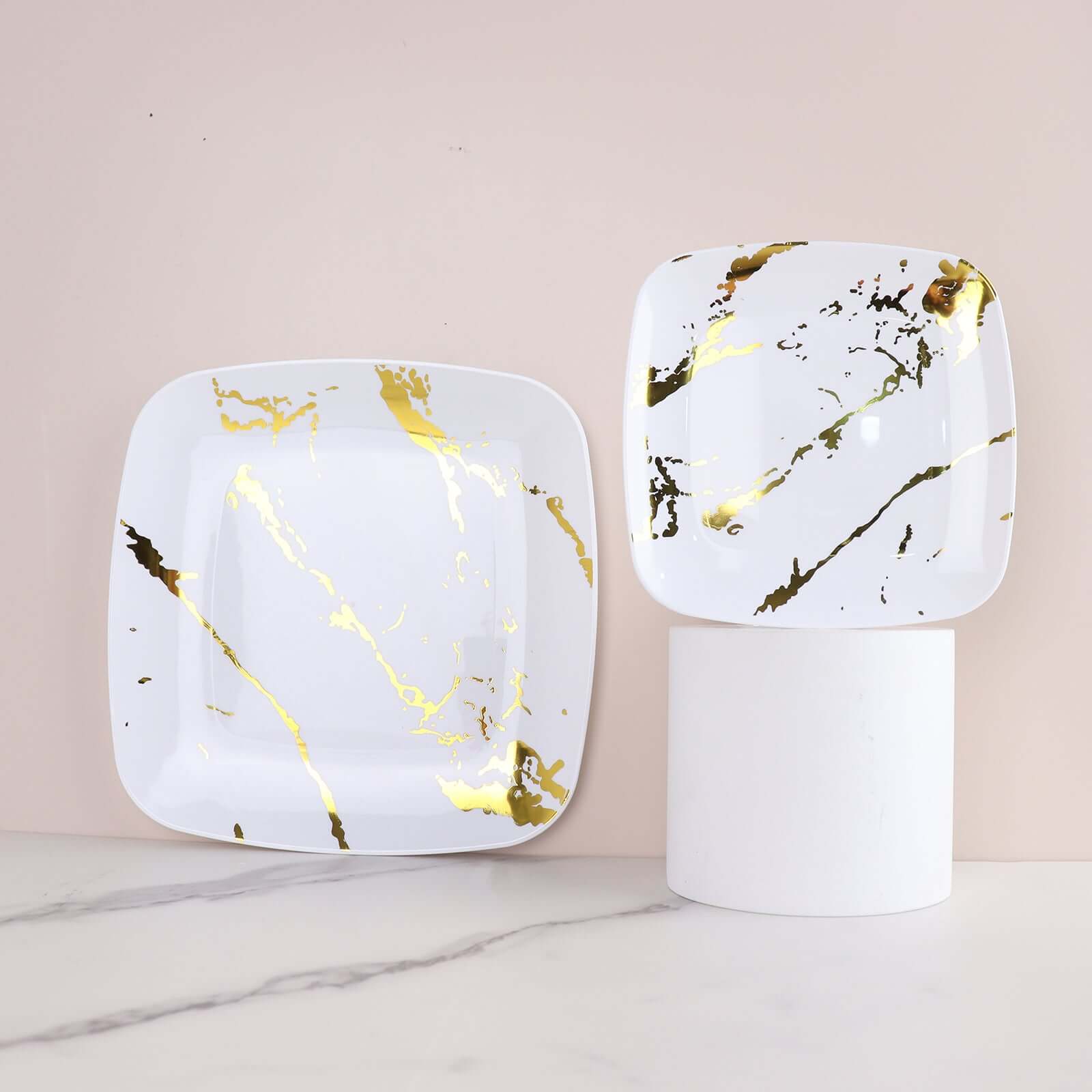 10-Pack Plastic 8" Square Dessert Plates in White with Gold Marble Design - Disposable Appetizer Salad Party Plates for Weddings, Banquets & Special Events