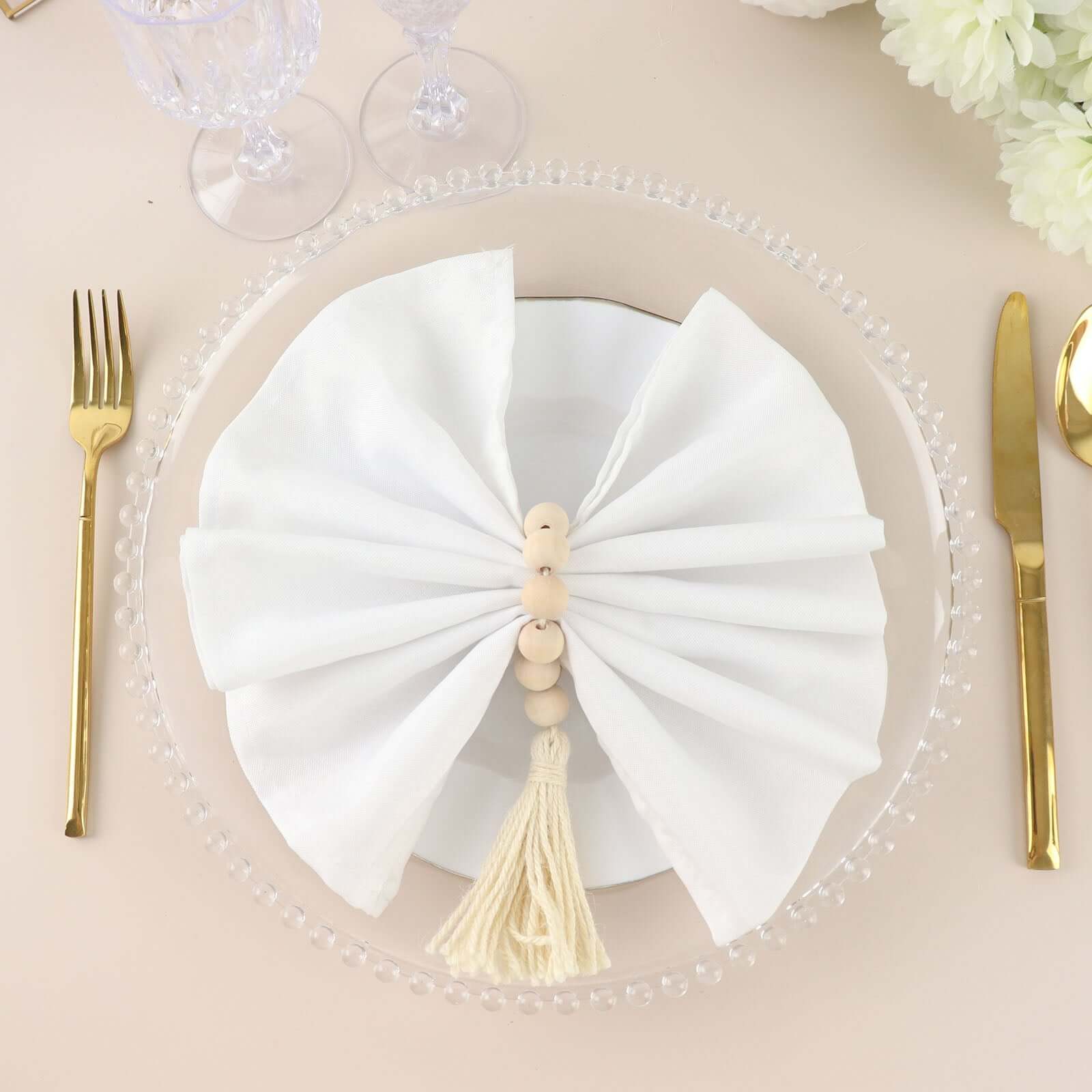 4 Pack 6" Cream Rustic Boho Chic Wood Bead Napkin Rings With Tassels, Farmhouse Country Napkin Holders