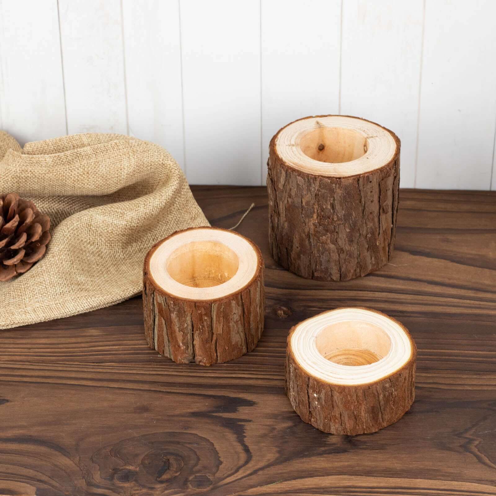 Set of 3 Rustic Wood Slice Votive Candle Holders - Tree Branch Wedding Table Décor 2.75", 1.5", 1.25"