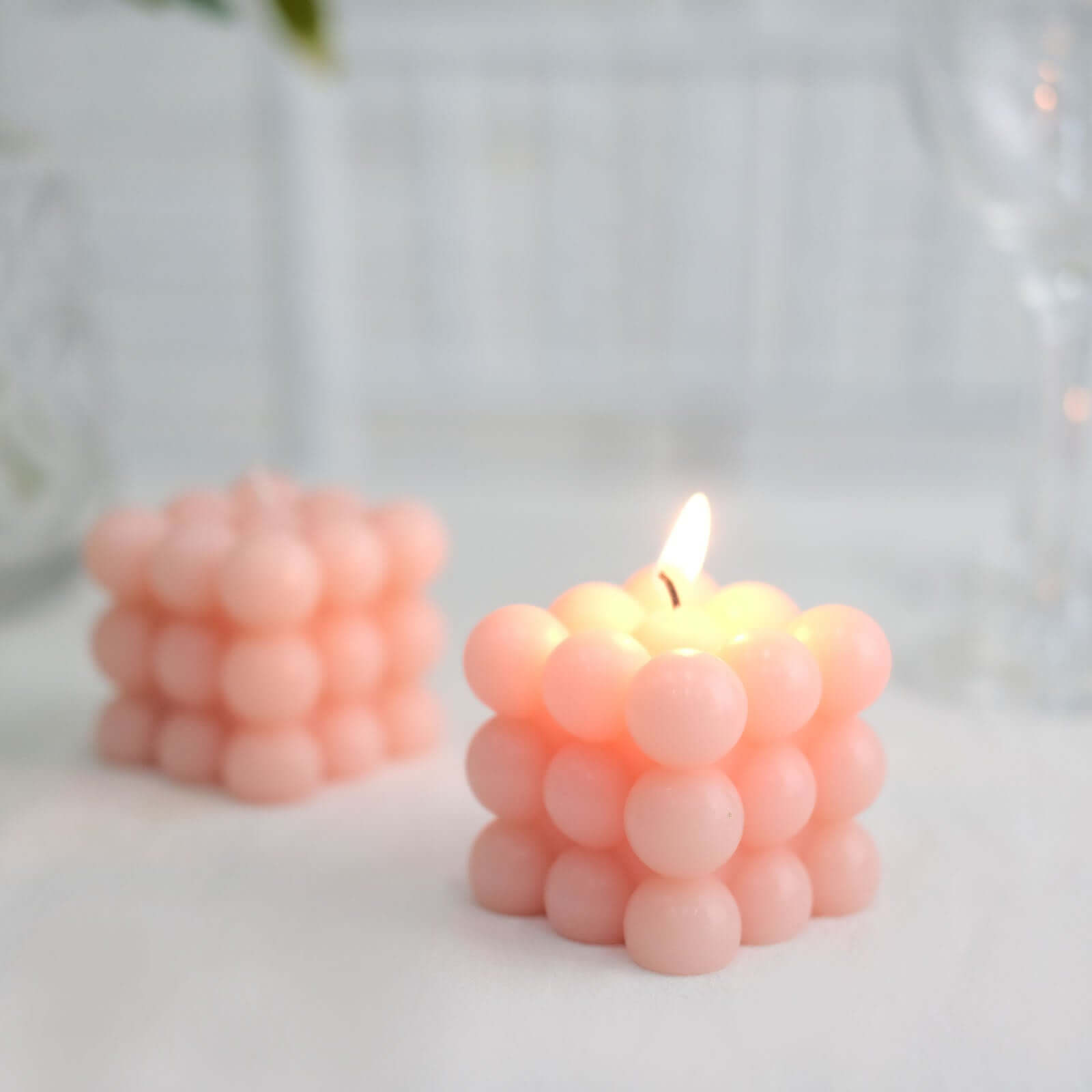 2-Pack Decorative Paraffin Wax Candles Bubble Cube Design Blush - Unscented Long Burning Pillar Candle Set 2"