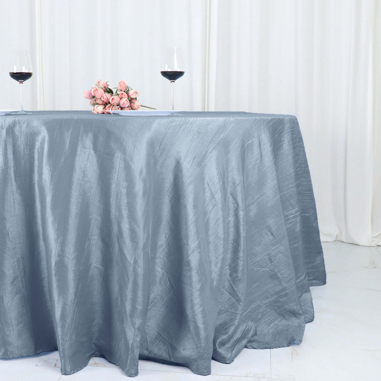 Taffeta 132" Round Tablecloth Dusty Blue - Seamless Accordion Crinkle Table Cover